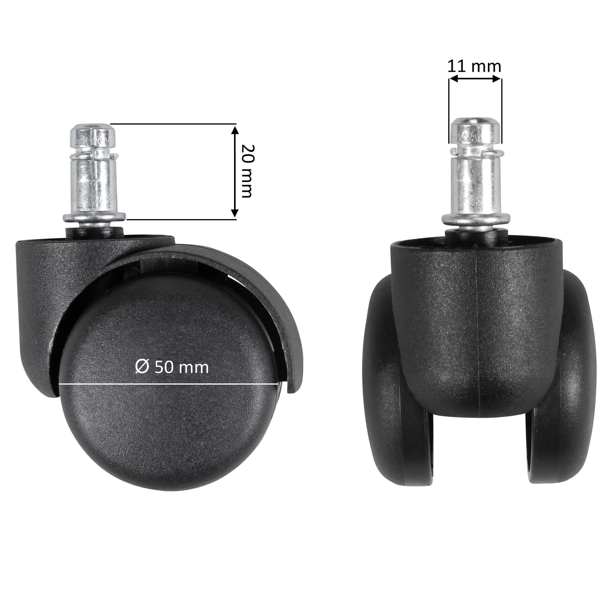 Amstyle Möbelrolle 5er Set gebremste Bürostuhlrollen 50mm für Teppichboden Weichbodenroll, (5er Set gebremste Rollen Bürostuhl Schwarz, Set besteht aus 5 Rollen), Ø 50mm Drehstuhlrollen Stift 11mm