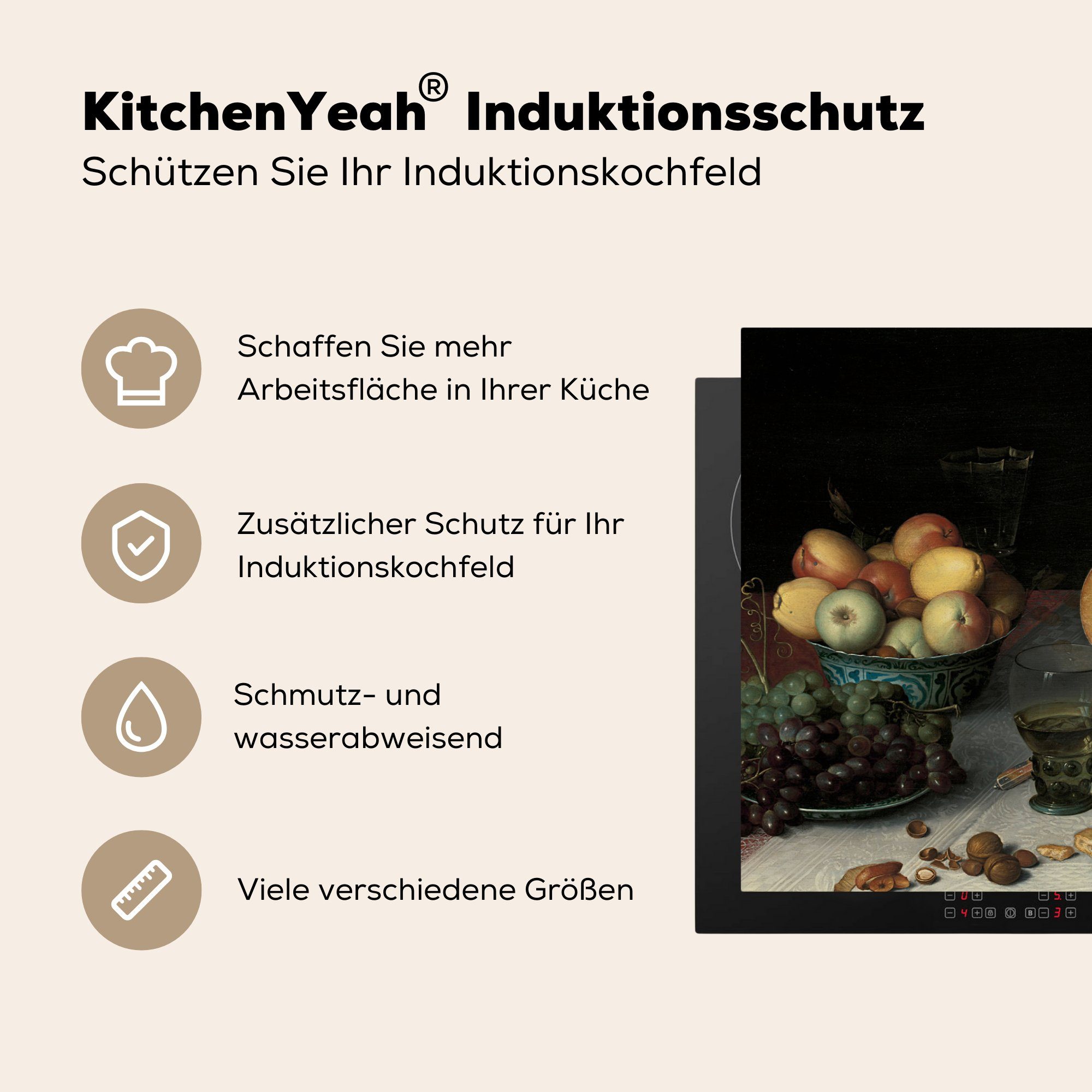 Induktionskochfeld - (1 cm, für Gemälde mit Schutz Floris Dijck, Ceranfeldabdeckung MuchoWow die van Käse Claesz. von Herdblende-/Abdeckplatte 81x52 tlg), Vinyl, küche, Stilleben