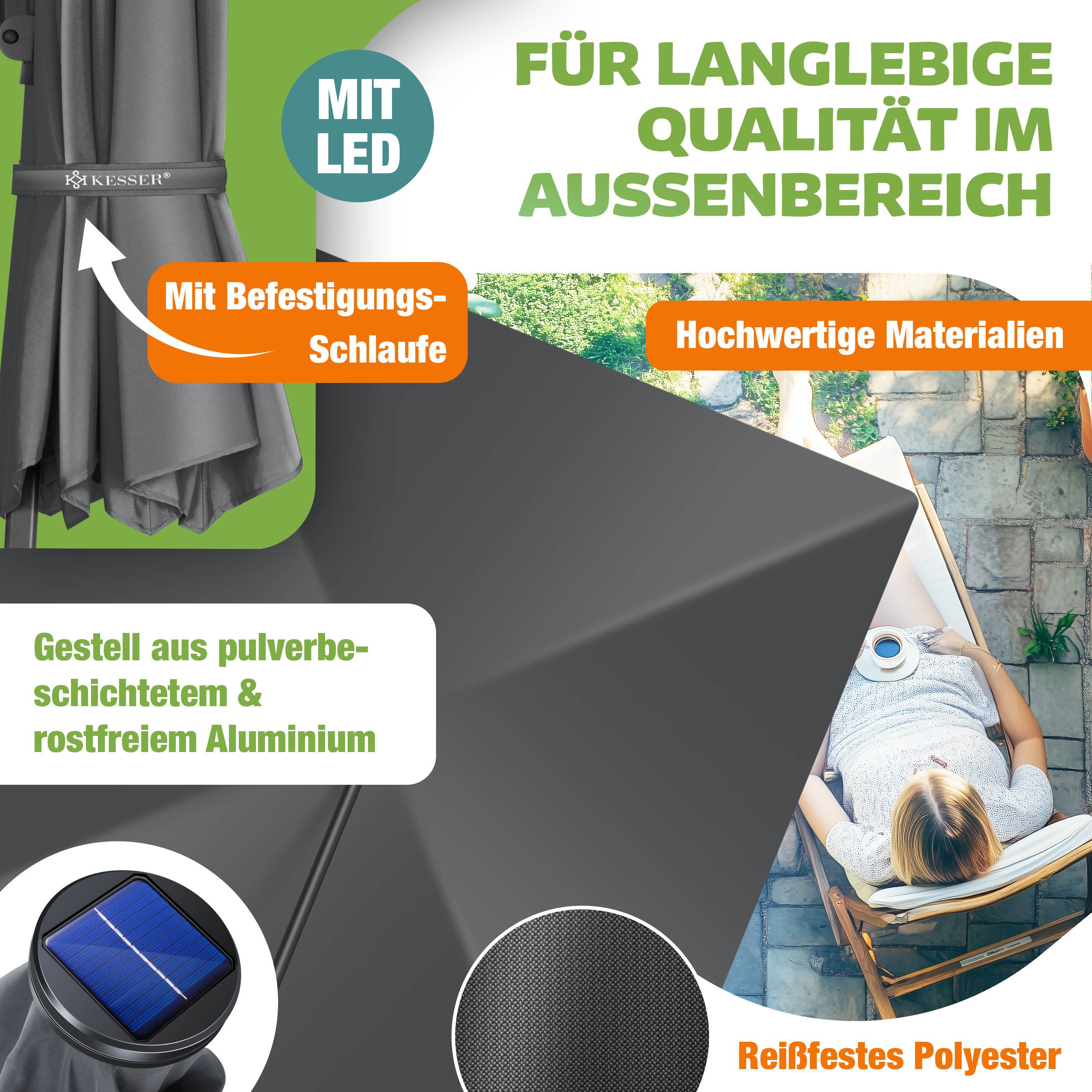 KESSER Ampelschirm, Sonnenschirm SUN XL 300 300 cm Inkl. Abdeckung 360° Drehbar & Neigbar