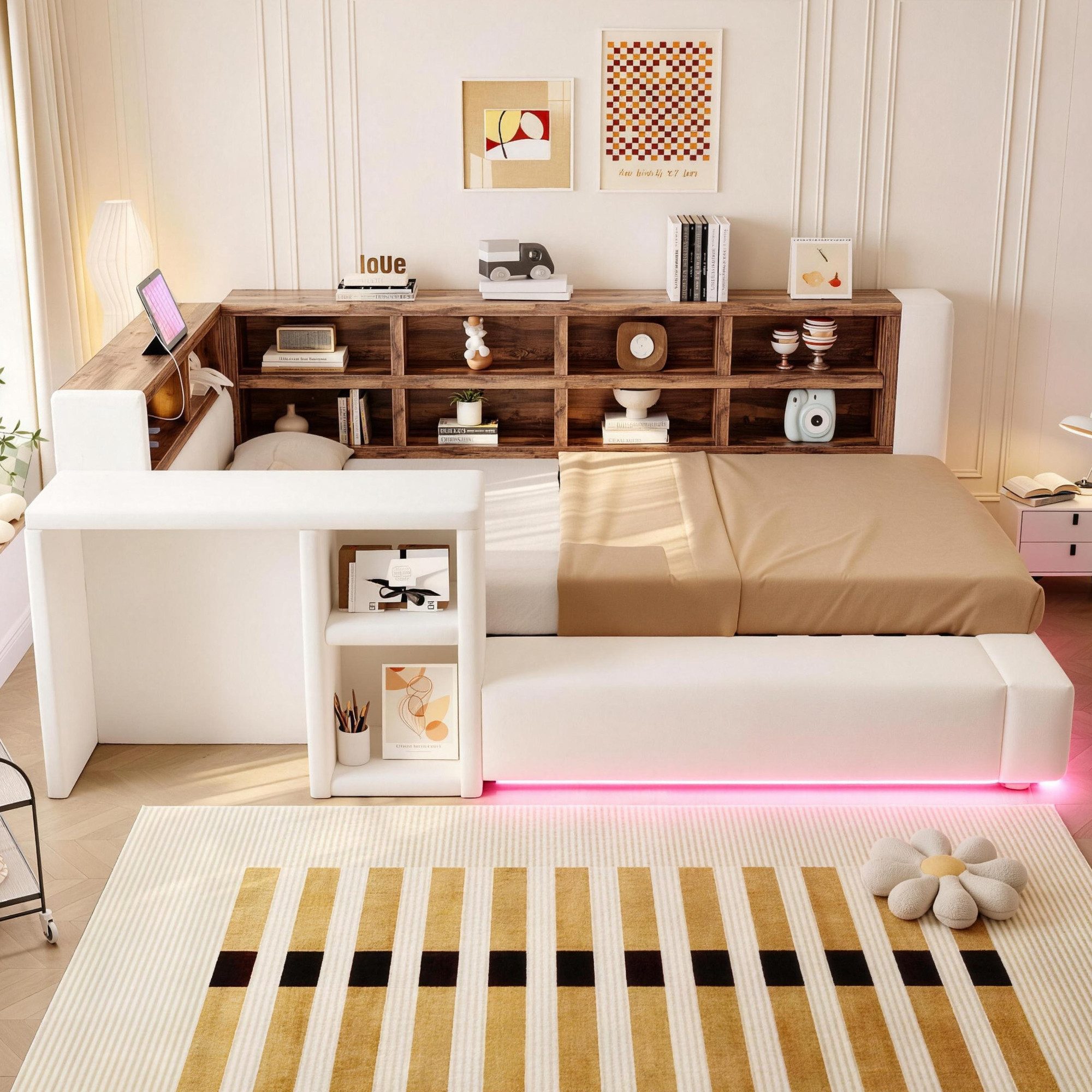 Merax Daybett 90x200cm mit LED-Beleuchtung und Steckdosen (Samt Jugendbett Sofabett Schlafsofa Kinderbett, 1 tlg), Polsterbett mit gepolstertem Kopfteil, Staura – Bild 2 von 5