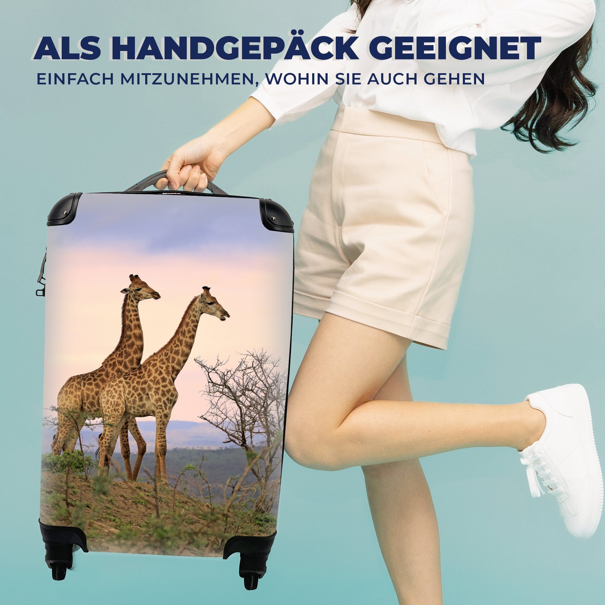 MuchoWow Handgepäckkoffer Giraffen - Himmel - Landschaft, 4 Rollen, Reisetasche mit rollen, Handgepäck für Ferien, Trolley, Reisekoffer