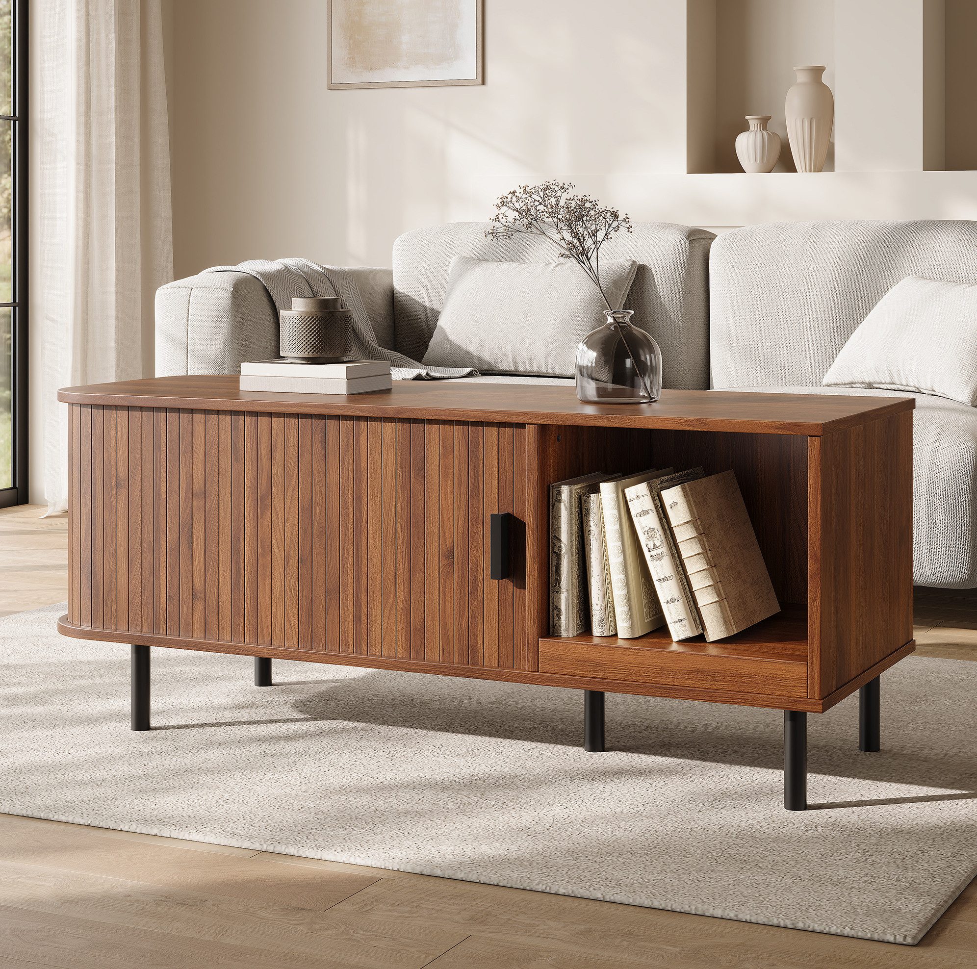 MODFU Couchtisch Kompakter Tisch – 110×40×55 cm mit Schiebetür & Stauraum (Packung, 1-St., Walnuss, für Wohnzimmer & Esszimmer), Lamellenoptik, offenes Fach, Metallbeine