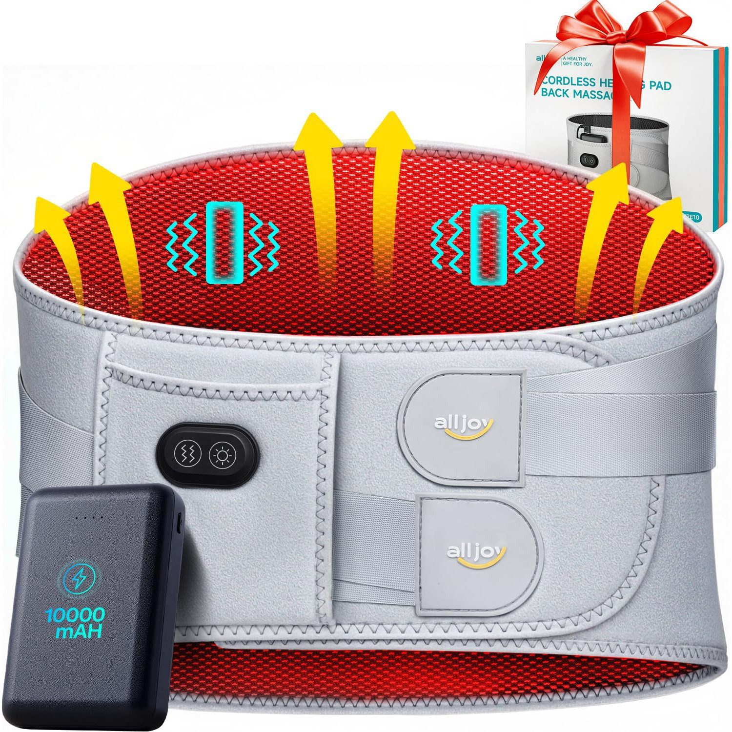 ALLJOY Massagegerät 170CM Massagegerät Rücken Heizkissen Kabellos Wärmegürtel 10000mAh, Lindert Rücken-und Lendenschmerzen,Muskelverspannungen,Regelschmerzen, 3 Stufen Massage & Wärmestufen, USB-Heizkissen mit Rückenunterstützung