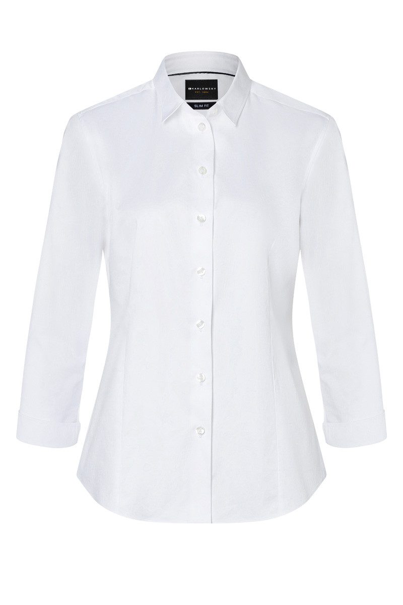 Karlowsky Fashion Kurzarmbluse KARLOWSKY Damen Bluse ACTIVE-STRETCH 3/4-Arm Kent Slim-Fit Weiß