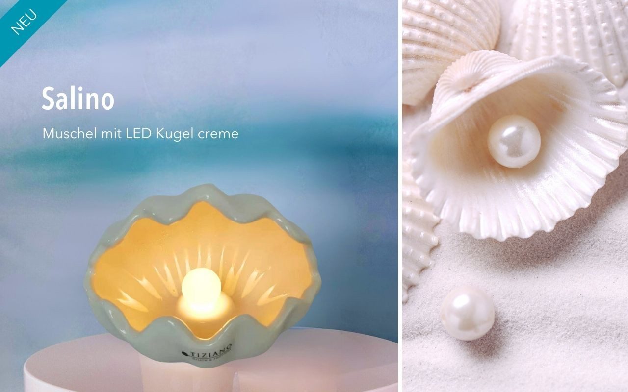 TIZIANO - DESIGN & EMOTIONS LED-Dekofigur LED Deko Muschel Salino creme/blau – maritimes Licht mit Timer 14 cm