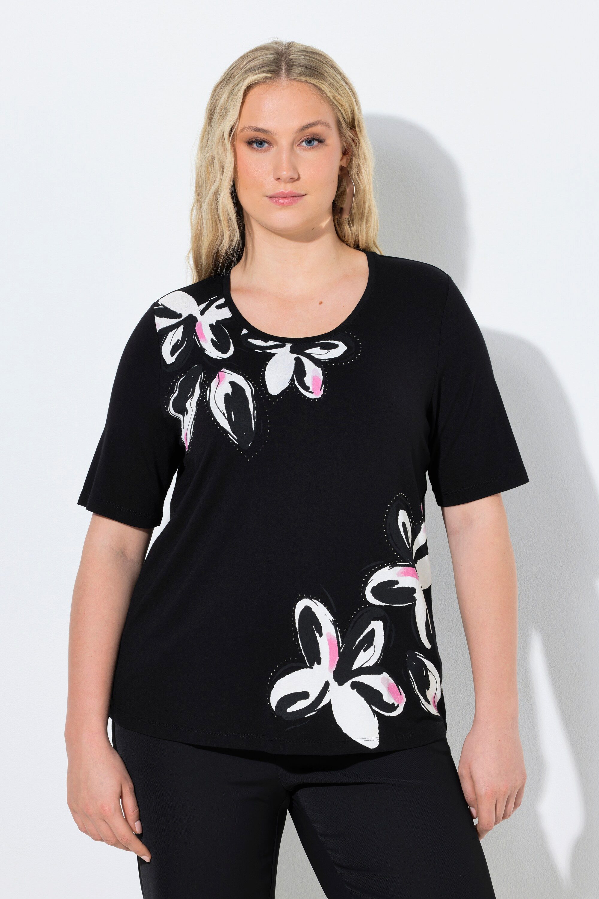T-Shirt T-Shirt Blüten Ziersteine Rundhals Halbarm
