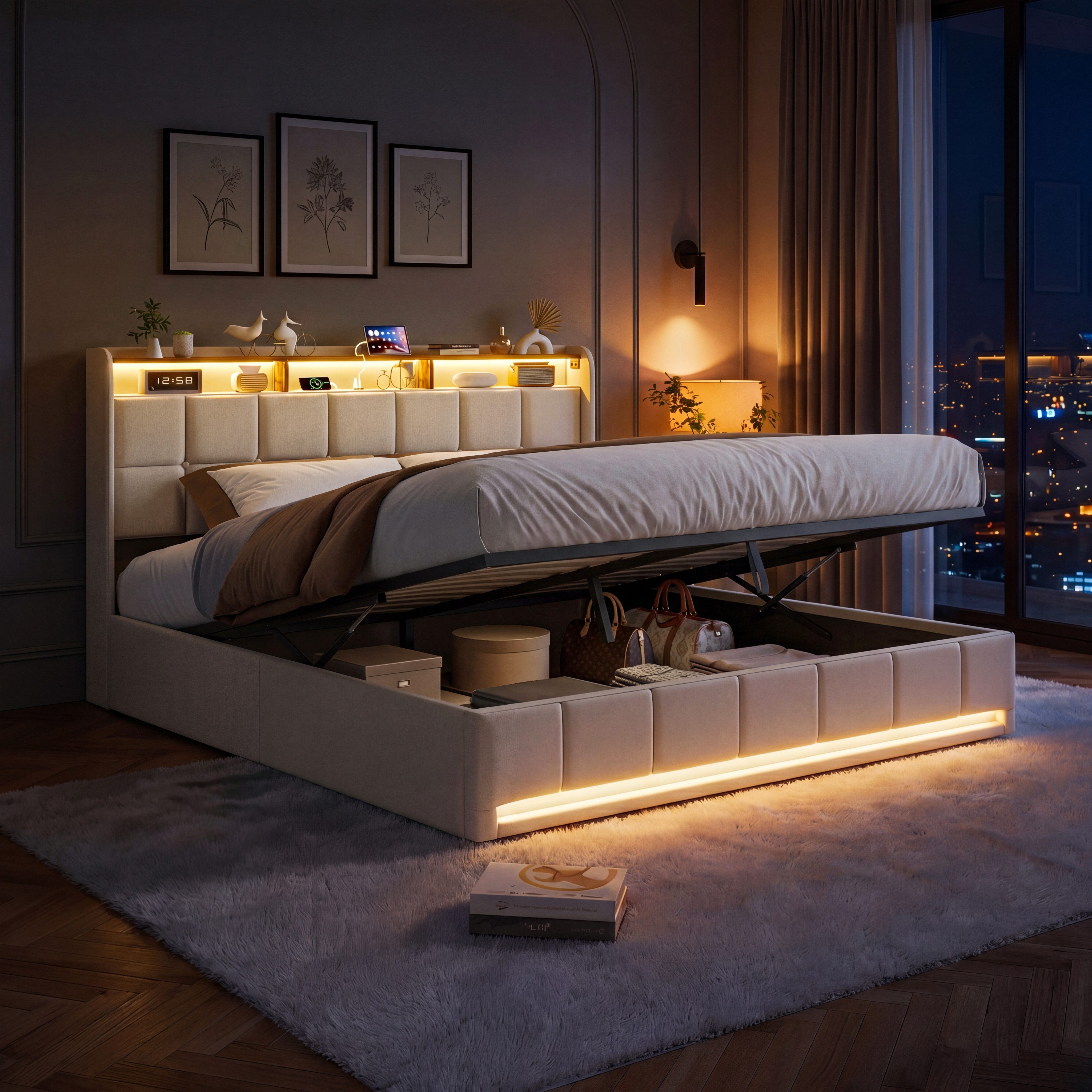 PXloue Polsterbett LED-Bett mit Stauraum und Ladeanschluss (Geeignet für Jugendliche und Erwachsene), Hydraulisches Stauraumbett, Bettkasten, Leinen