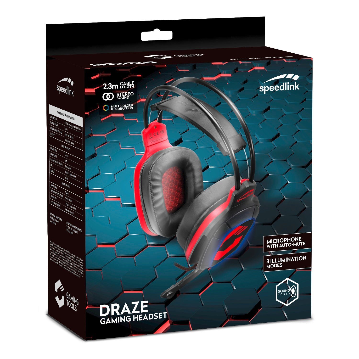 Speedlink DRAZE Gaming Over-Ear Headset LED Beleuchtung Gaming-Headset (Kabelfernbedienung mit Lautstärkeregeler, Mikrofon-Stummschaltung, Stereo, Kabelfernbedienung Lautstärkeregler + Stummschaltung für PC Notebook)