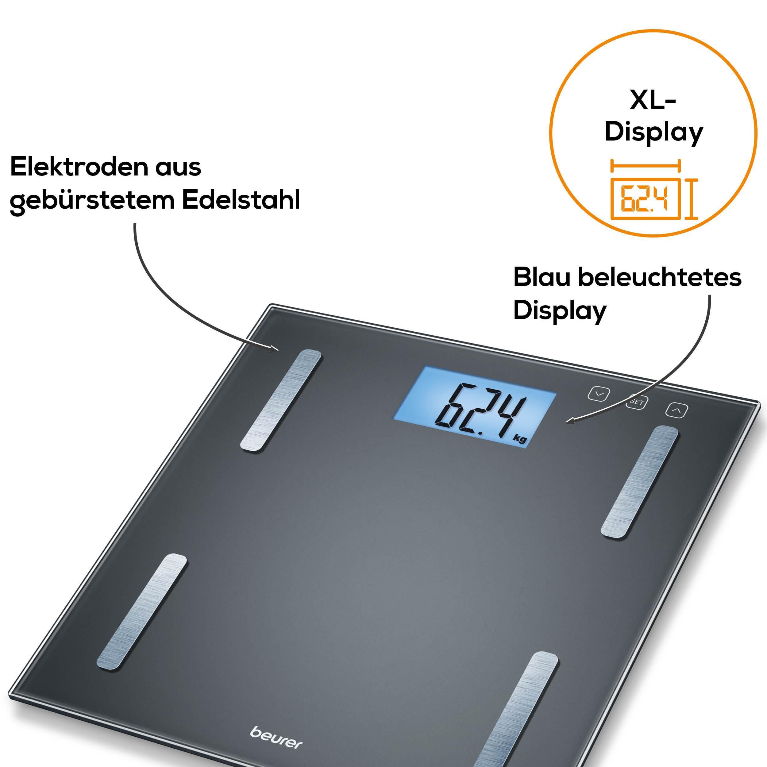 BEURER Körper-Analyse-Waage BF 180 zur Ermittlung der Körperwerte, Tragkraft mit 180 kg, Elektroden aus gebürstetem Edelstahl – Bild 5 von 5