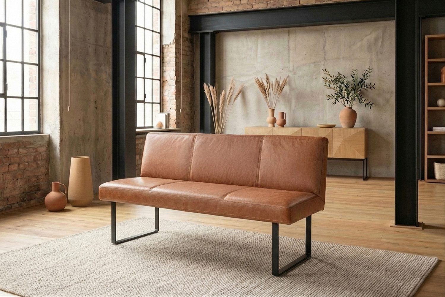 KAWOLA Sitzbank ELEEN Esszimmerbank Leder pigmentiert – modernes Design, 123 cm Breite, hoher Sitzkomfort, Metallgestell schwarz