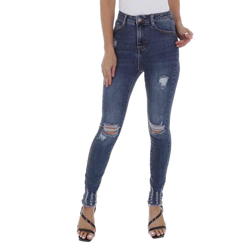 High Waist Skinny-fit-Jeans Damen Blau in Stretch Destroyed-Look Ital-Design Freizeit Jeans