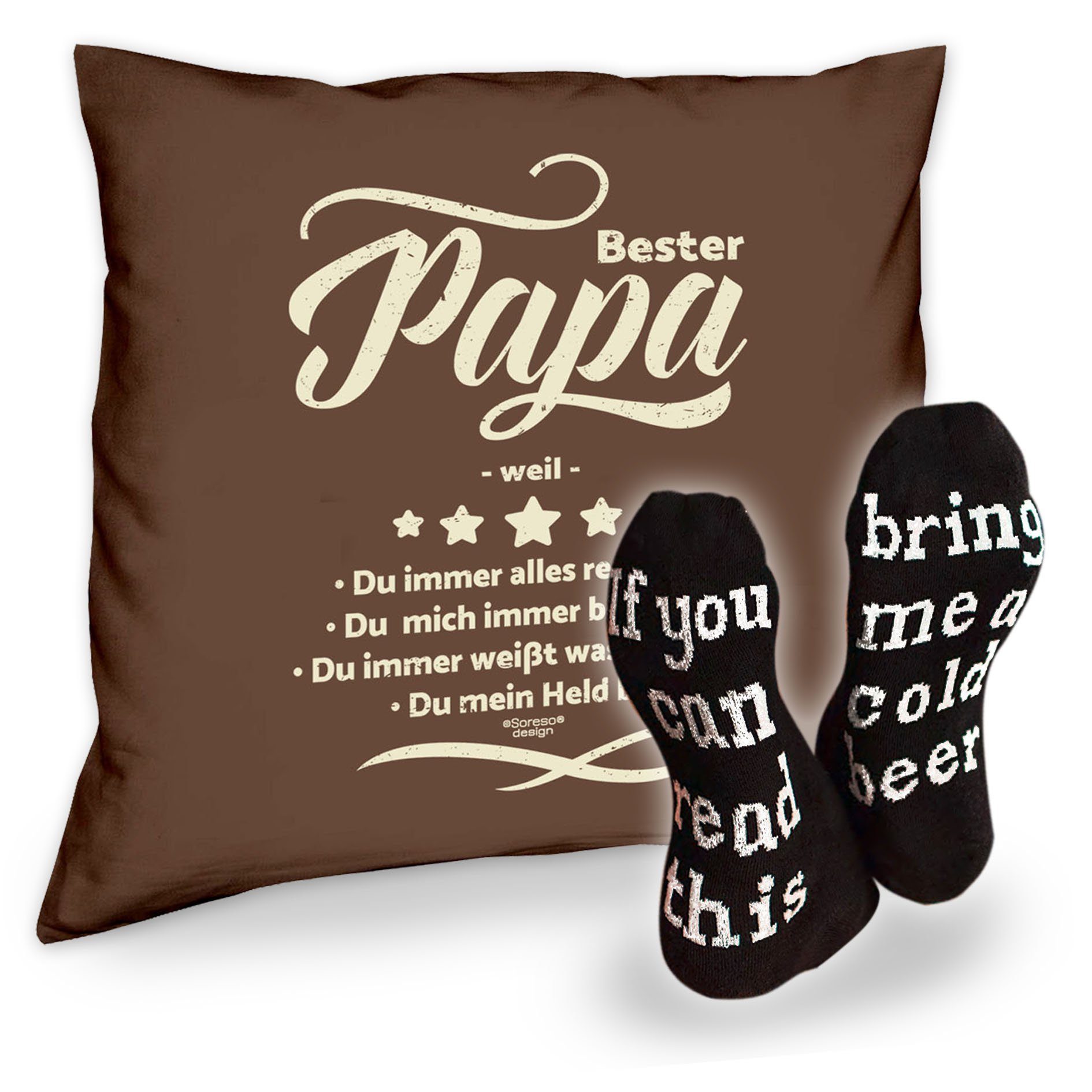 Bier Geschenke Weihnachten braun mit Spruch, Kissen Bester Soreso® Vatertag Dekokissen Geburtstag und Socken Papa weil