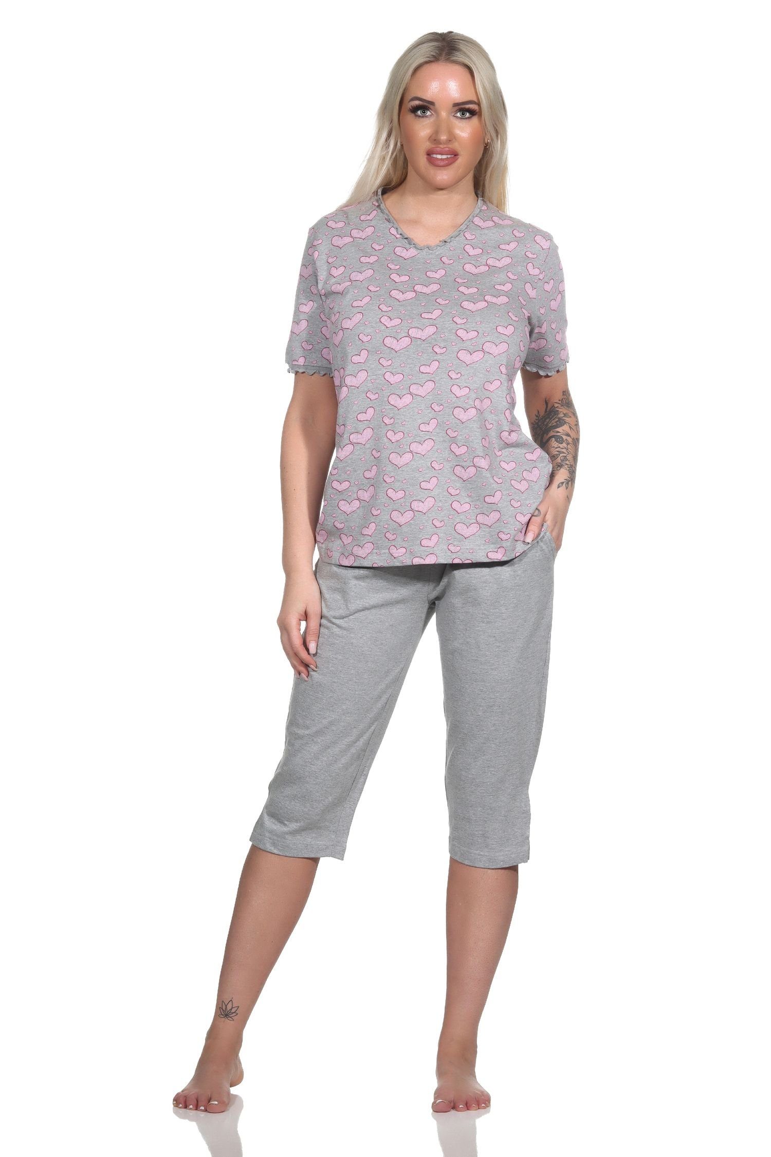 Kurzarm Normann Pyjama mit Motiv Herz Damen Optik grau-mel. Schlafanzug in Caprihose