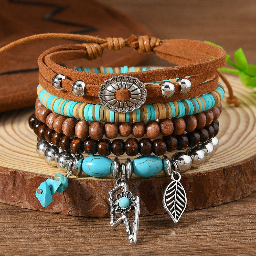 The Beauty House Armband Boho Vintage Armband 5er Set mit Perlen Leder und Anhängern, Ethno Hippie Schmuck für Festival Sommer Alltag