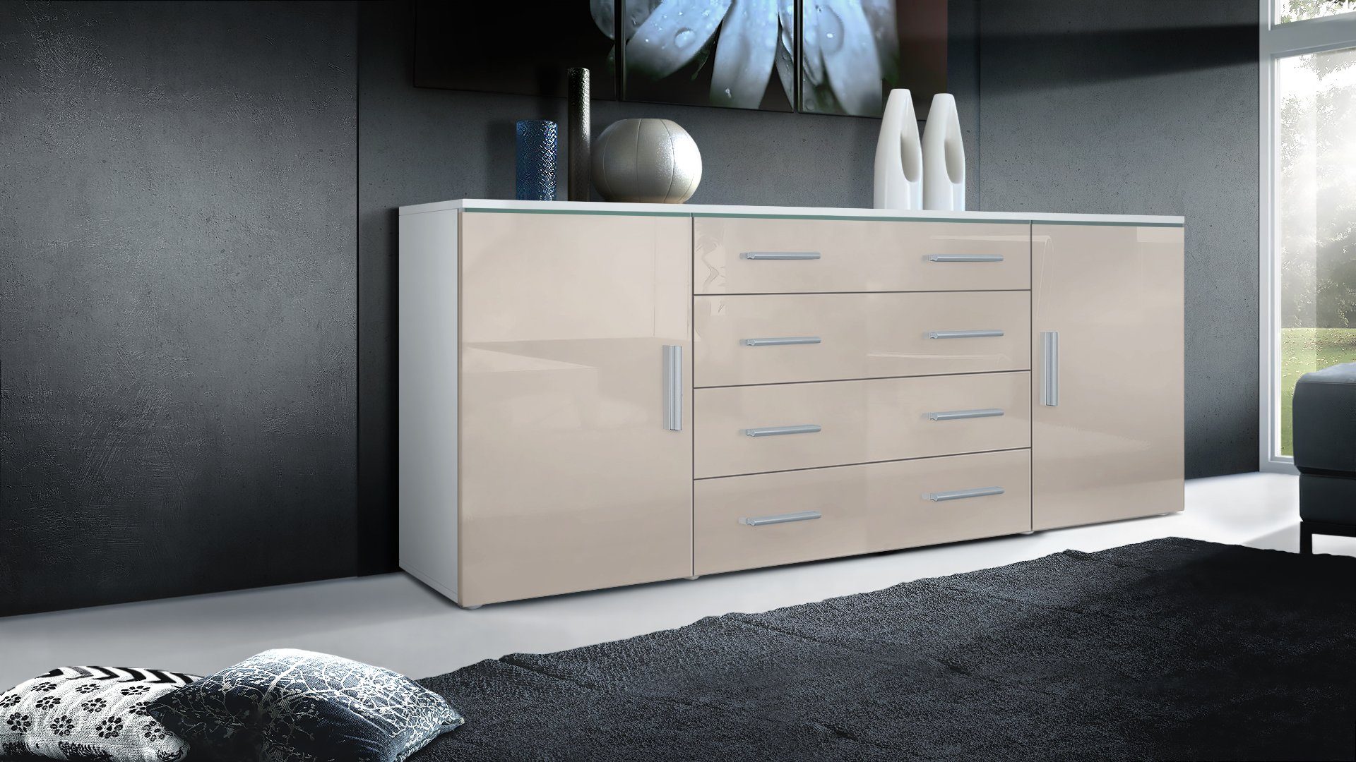 Vladon Sideboard Verona V2 (Kommode, mit 2 Türen und 4 Schubladen), Weiß matt/Sandgrau Hochglanz (166 x 72 x 35)