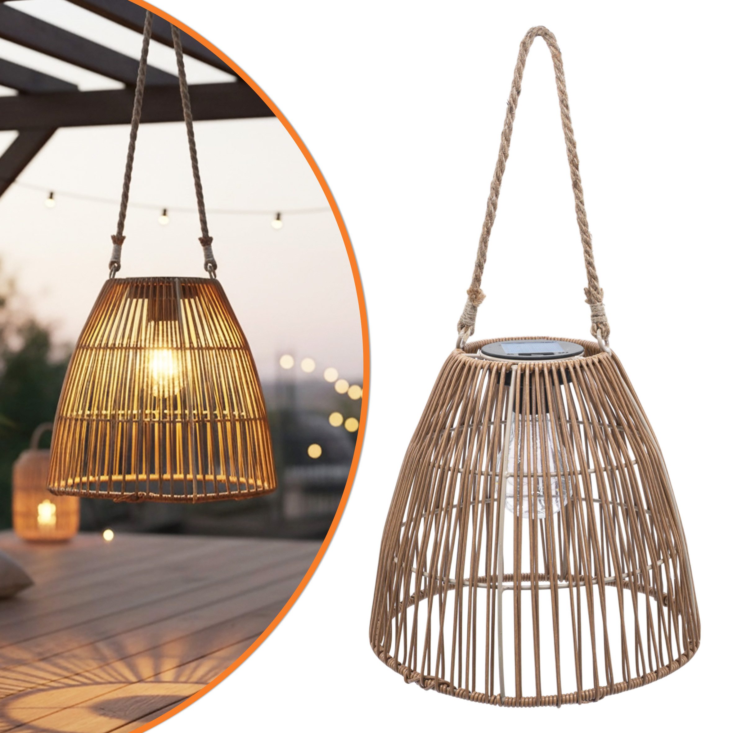 Spetebo LED Gartenleuchte Solar Laterne Rattan Optik mit Glühbirne, Dämmerungsautomatik, LED fest integriert, warm weiß, Vintage Hängelampe für Außen