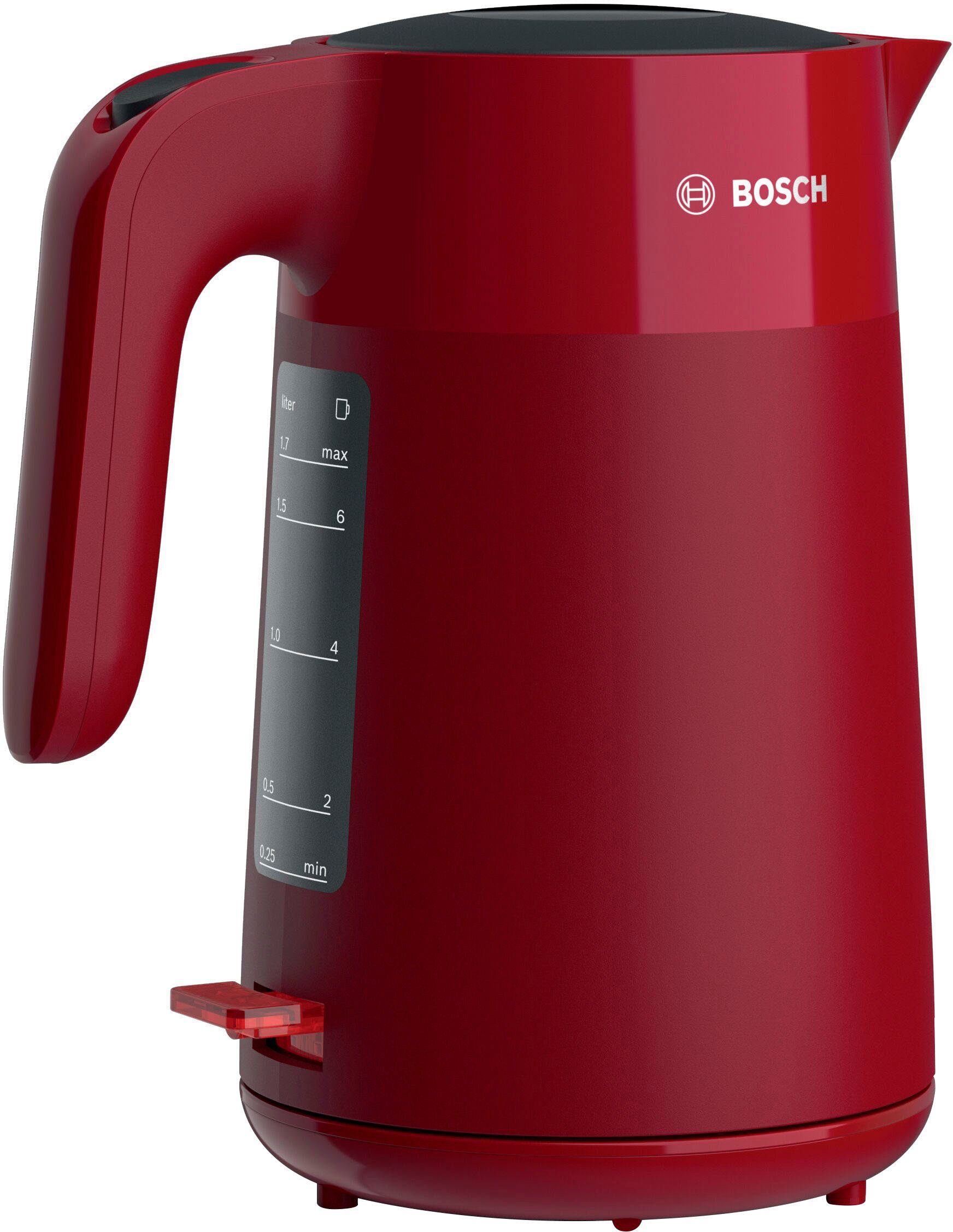 BOSCH Wasserkocher MyMoment TWK2M164, Abschaltautomatik, Überhitzungschutz, Tassenanzeige, 1,7 l, 2400 W, Stiftung Warentest Testsieger (2,2) Ausgabe 03/2025, rot matt