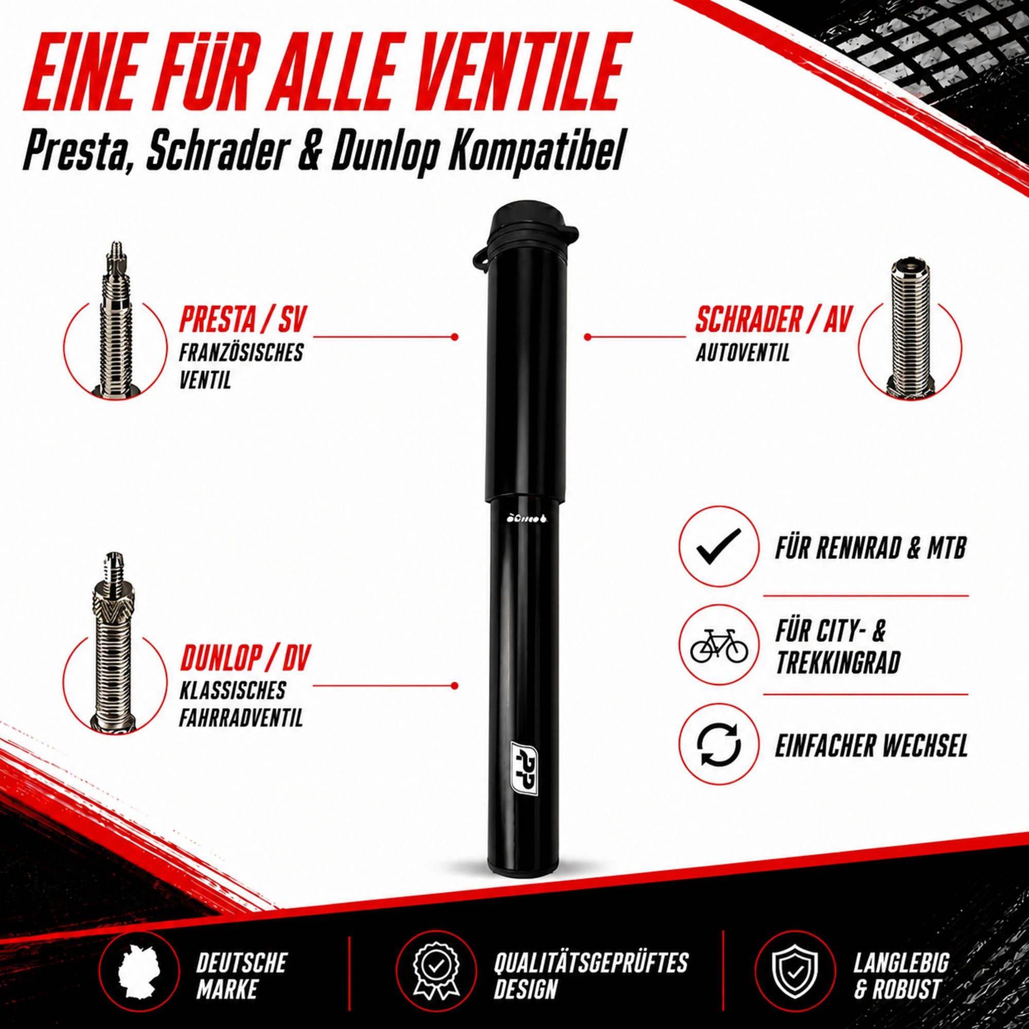 Pitlane Performance Luftpumpe Profi Fahrradpumpe Klein Mini Luftpumpe Fahrrad (für alle Ventile 11 Bar), Presta Schrader Dunlop Luftpumpe mit Halterung & flexiblem Schlauch
