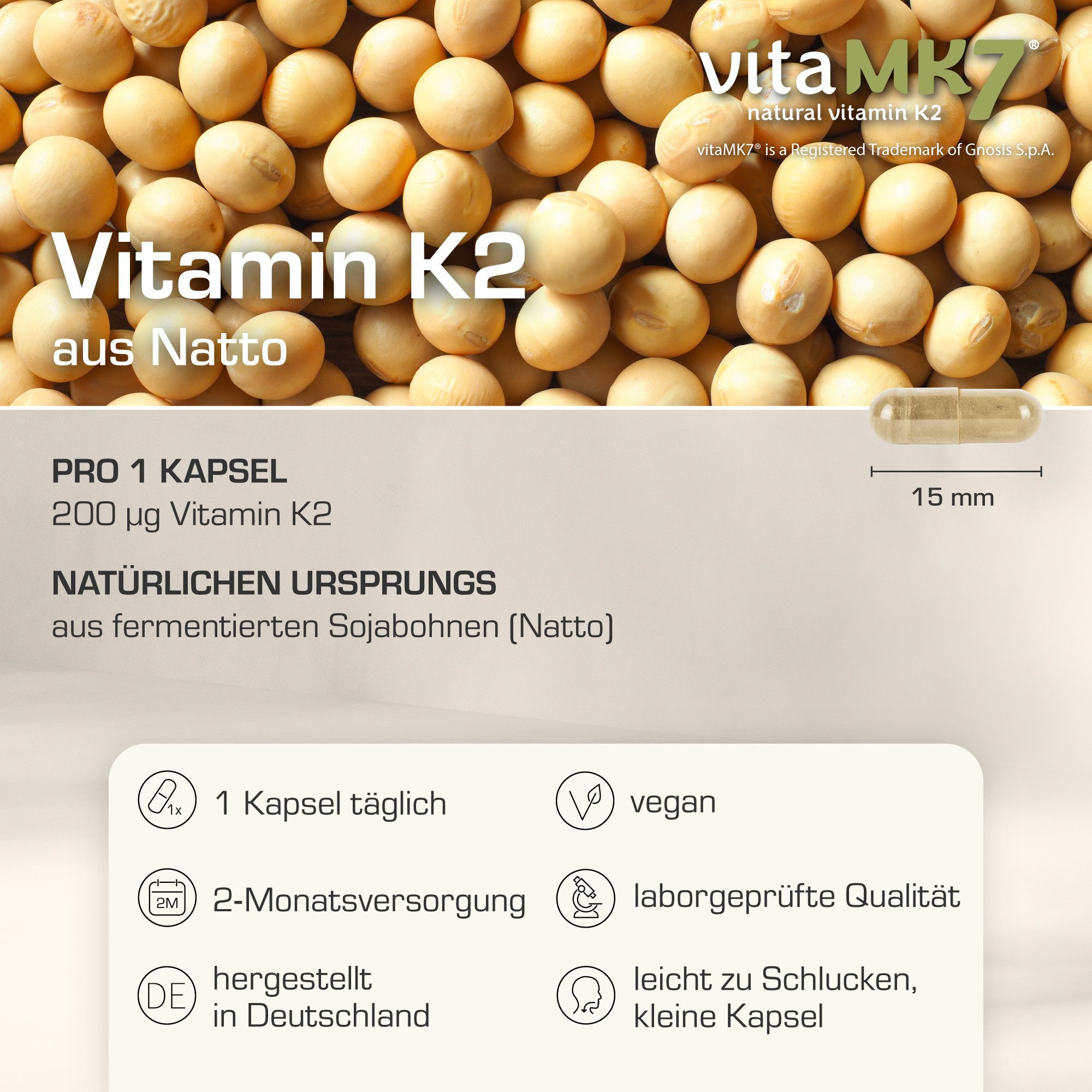 Purabyo Vitamin K2 Kapseln, 200 mcg MK-7, Glas statt Plastik Kapseln, 17.4 g