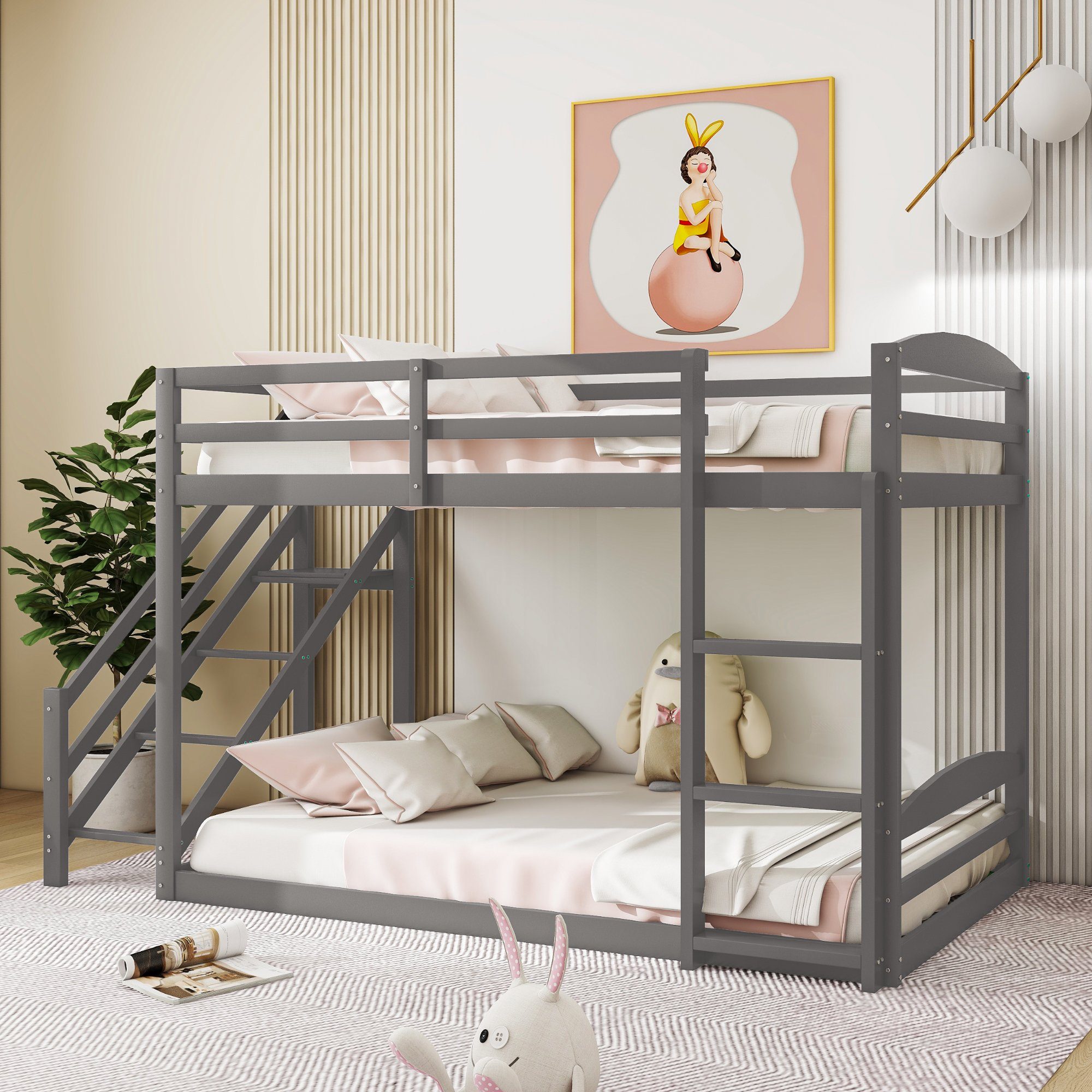 Tagesbett ohne Lattenrost), Etagenbett und Kinderbett Gästebett Massivholz-Etagenbett Holzbett Sicherheitstreppen mit Matratze links REDOM 90*200cm grau rechts, (mit zwei