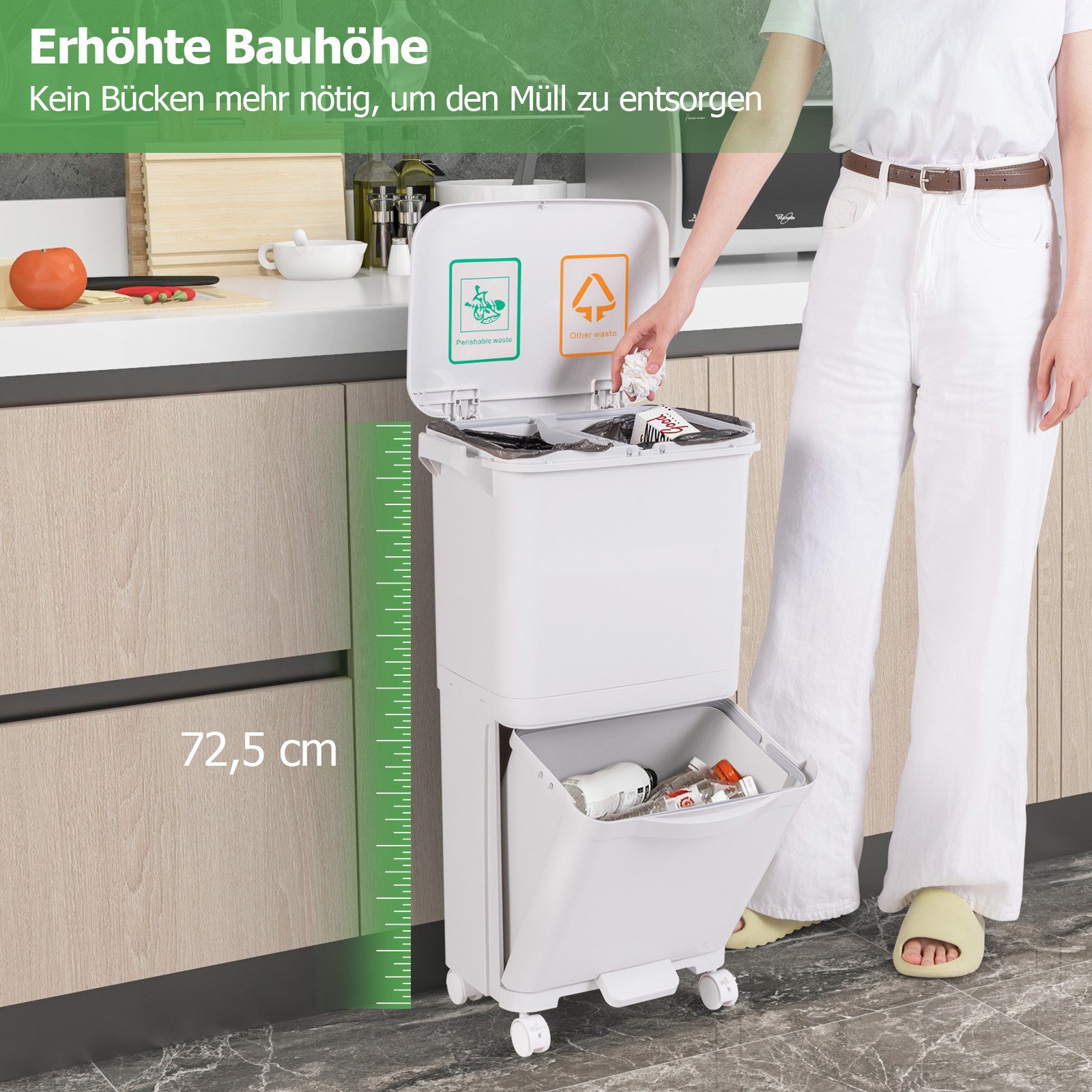 COSTWAY Mülleimer, 40L Abfalleimer Küche, Tretmülleimer auf Rädern