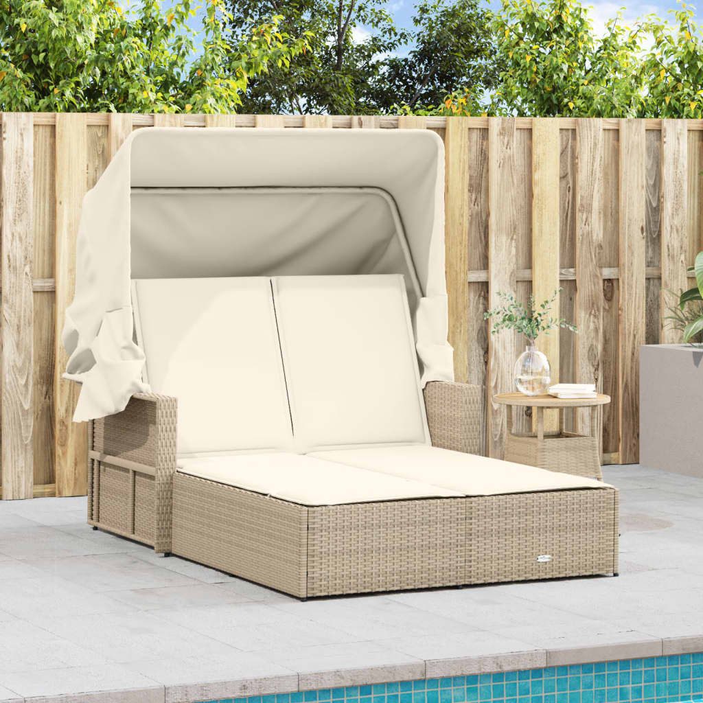 vidaXL Gartenliege Doppel-Sonnenliege mit Dach und Auflagen Beige Poly Rattan, 1 St.