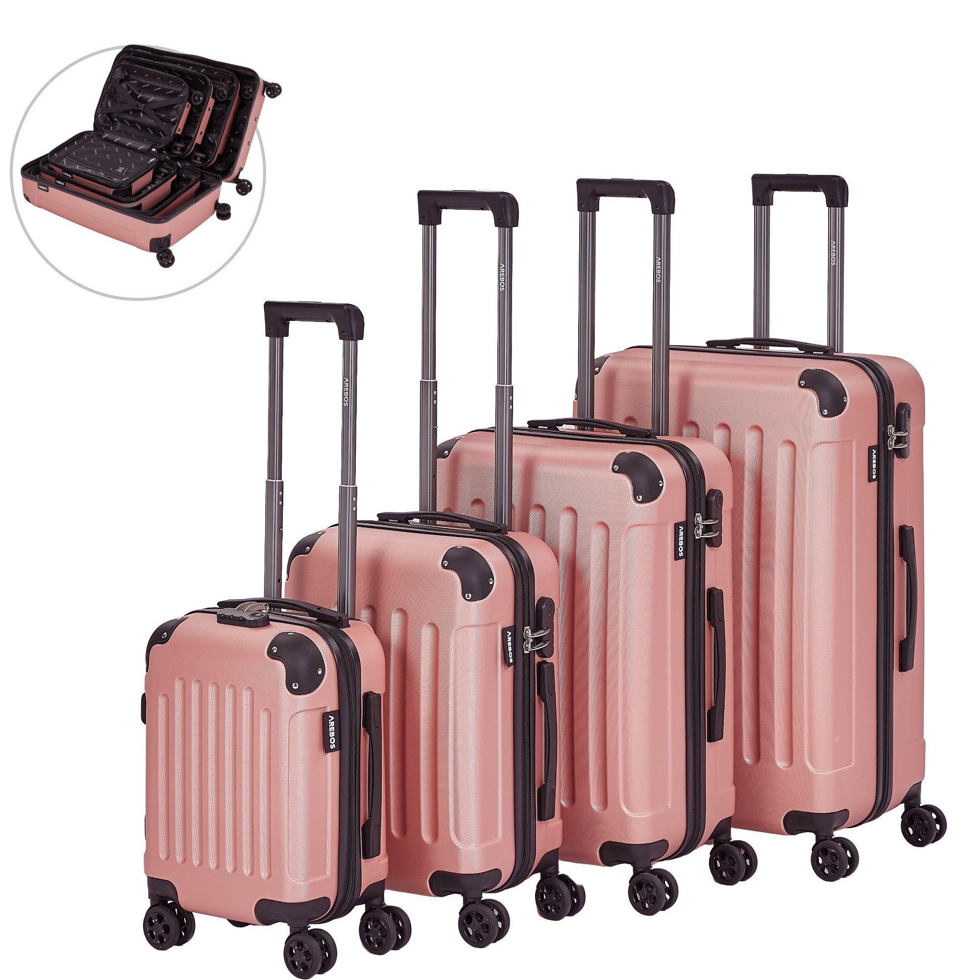 Arebos Kofferset Reisekoffer 4er Set Hartschalen Koffer Trolley S-M-L-XL-Set, 4 Rollen, (Set, Rose Gold), Teleskopstange