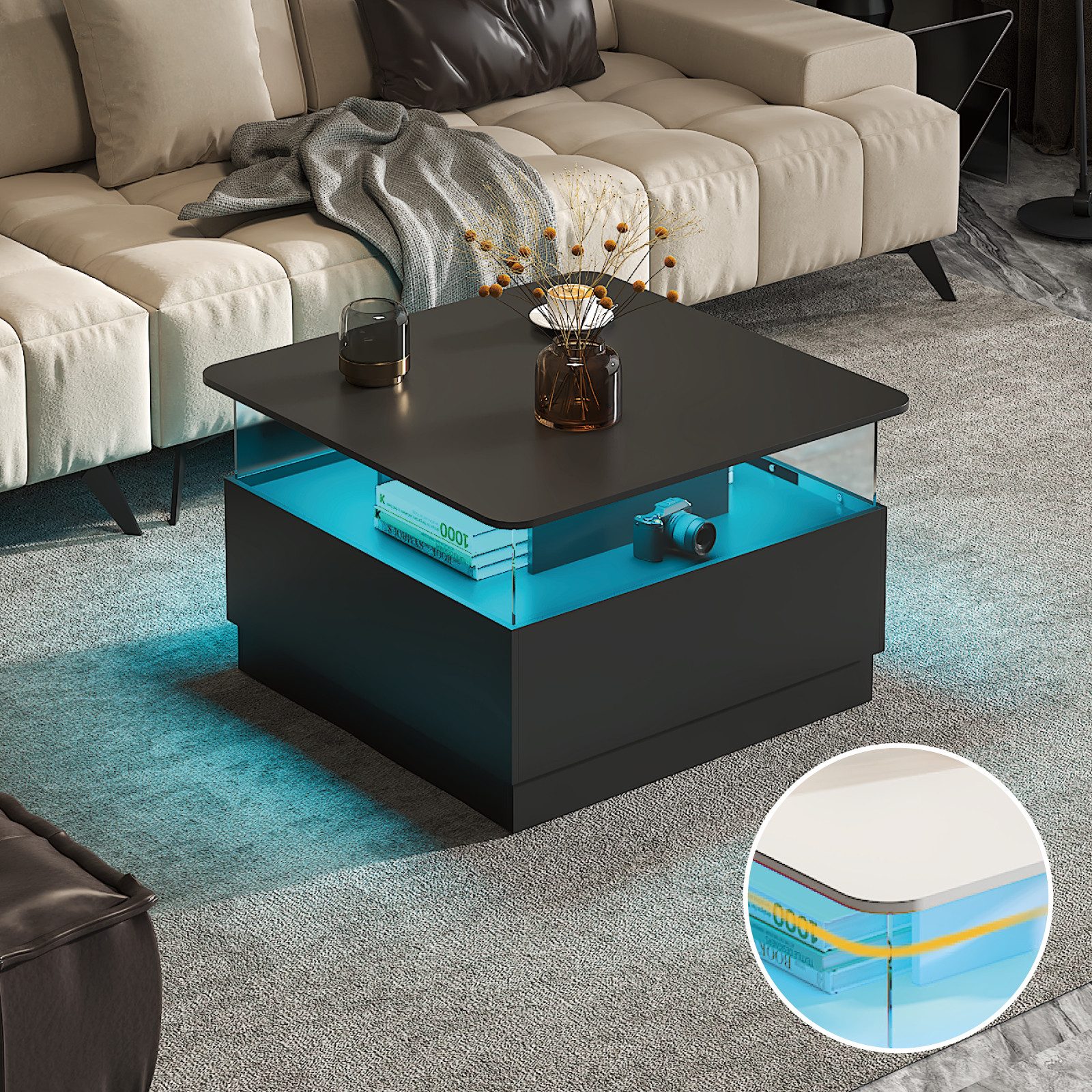 radelldar Couchtisch quadratisch mit LED-Beleuchtung und 2 Acryltüren-Schubladen (1-St), Wohnzimmertisch Beistelltisch, 78x78x48cm