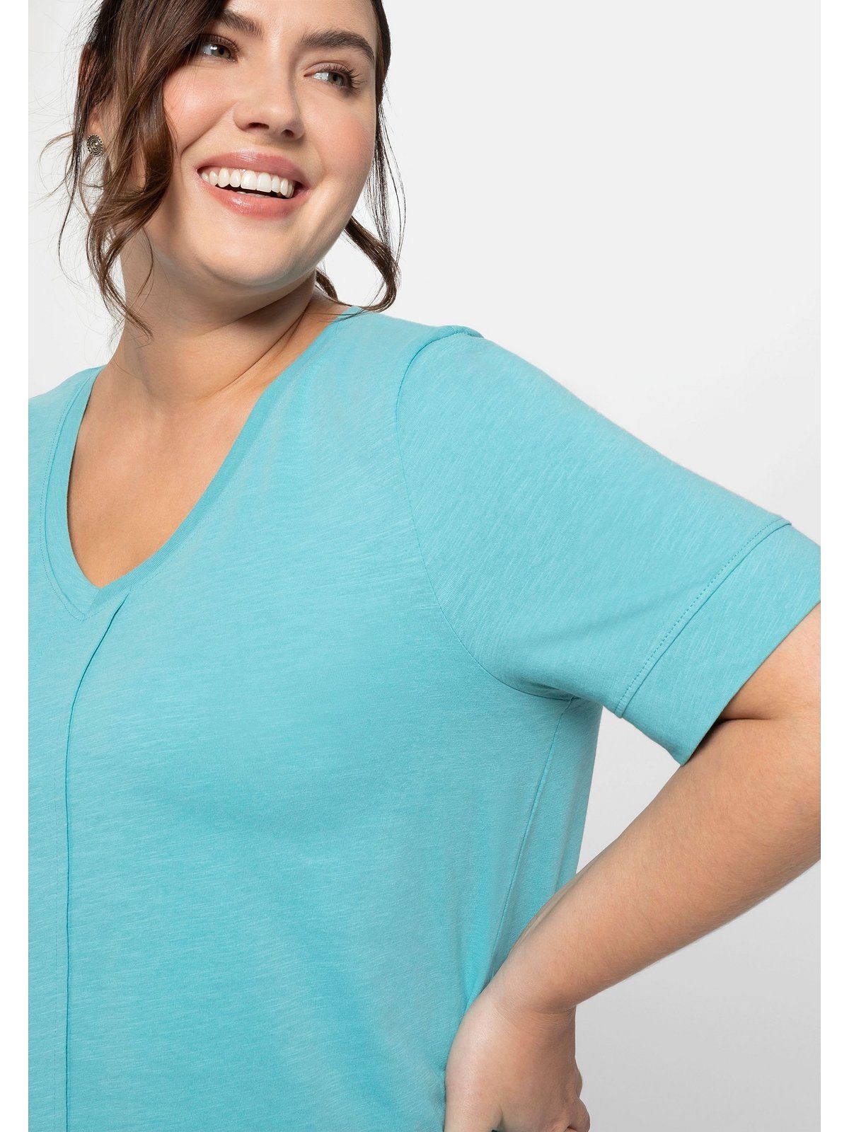 Große Falte Sheego T-Shirt dekorativer vorne mit Größen aqua