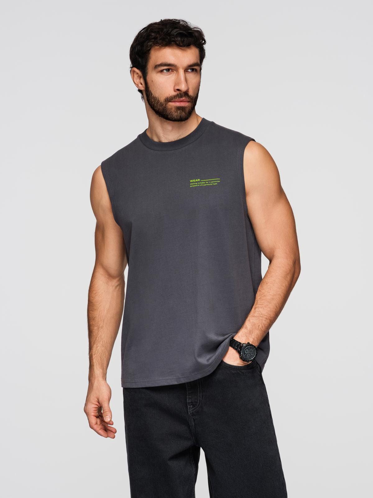 OMBRE Tanktop Herren Tank Top Loose Fit Baumwolle Uni Dunkelgrau L (kein Set, 1-tlg) Kontrastierende Details
