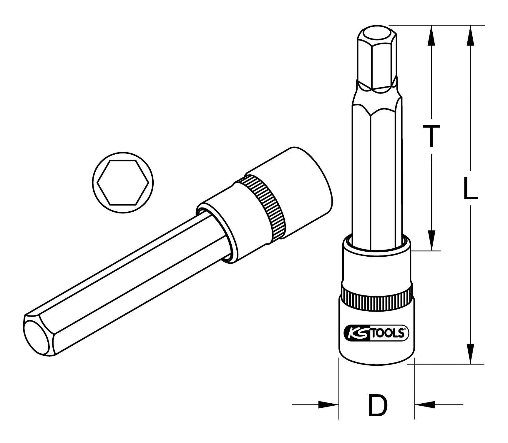 KS Tools Sechskant-Bit CHROMEplus, 1/2" Stecknuss Innensechskant, lang, 8 mm