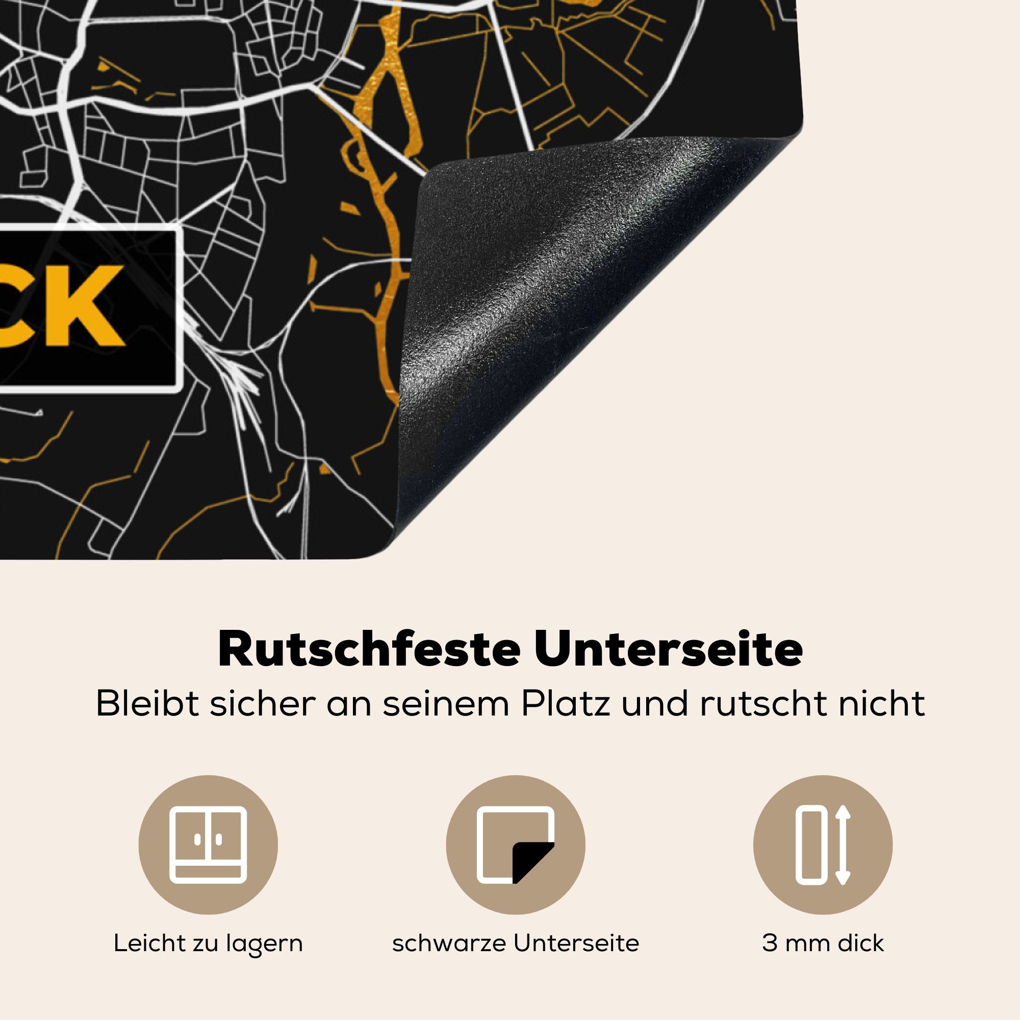 MuchoWow Herdblende-/Abdeckplatte Rostock - Stadtplan cm, (1 - Vinyl, 78x78 - Gold Deutschland, Arbeitsplatte Karte für - Ceranfeldabdeckung, tlg), küche