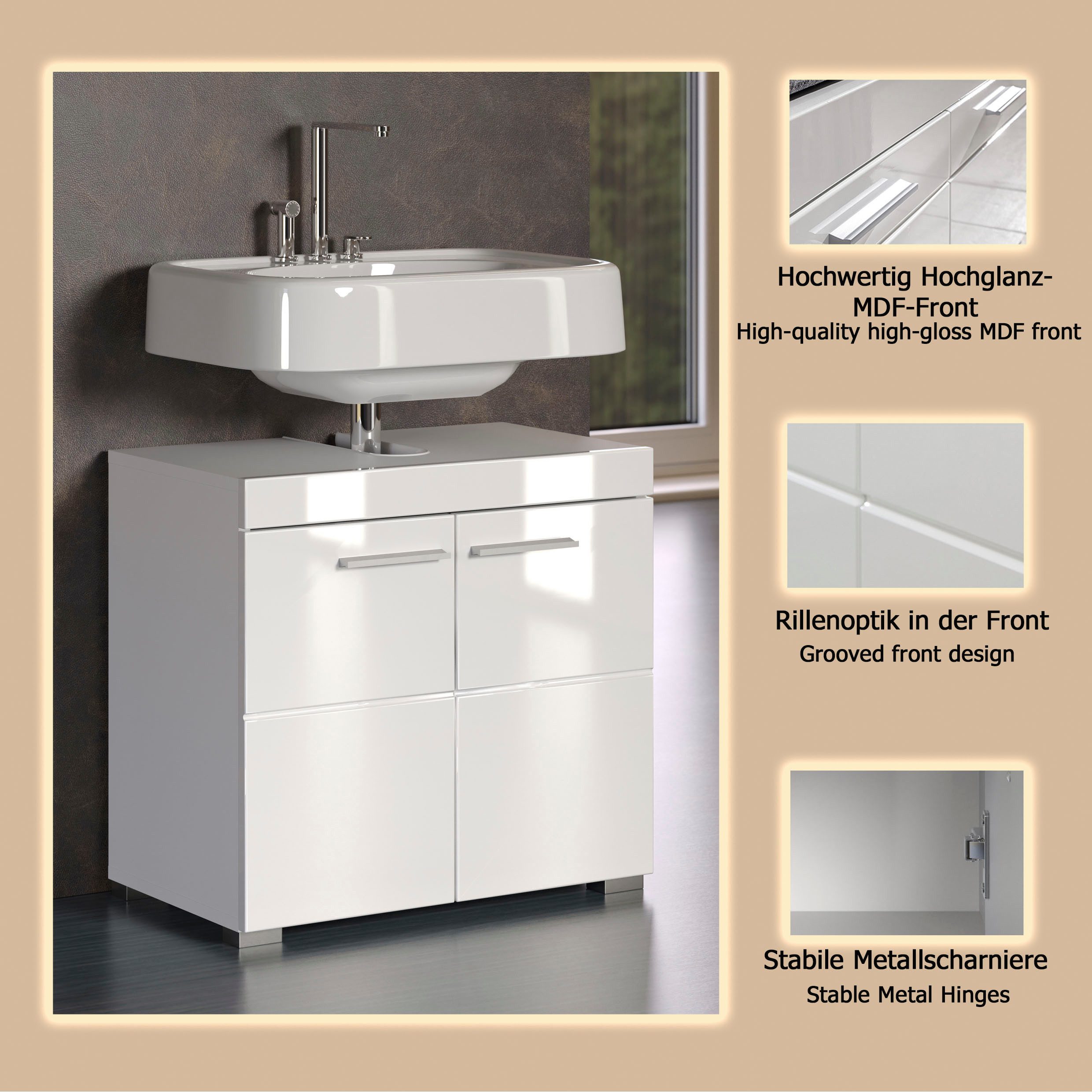 welltime Waschbeckenunterschrank Avena Waschtisch 2türig- Aussparung 26/8 cm - (B/T/H) 60/34/56 cm