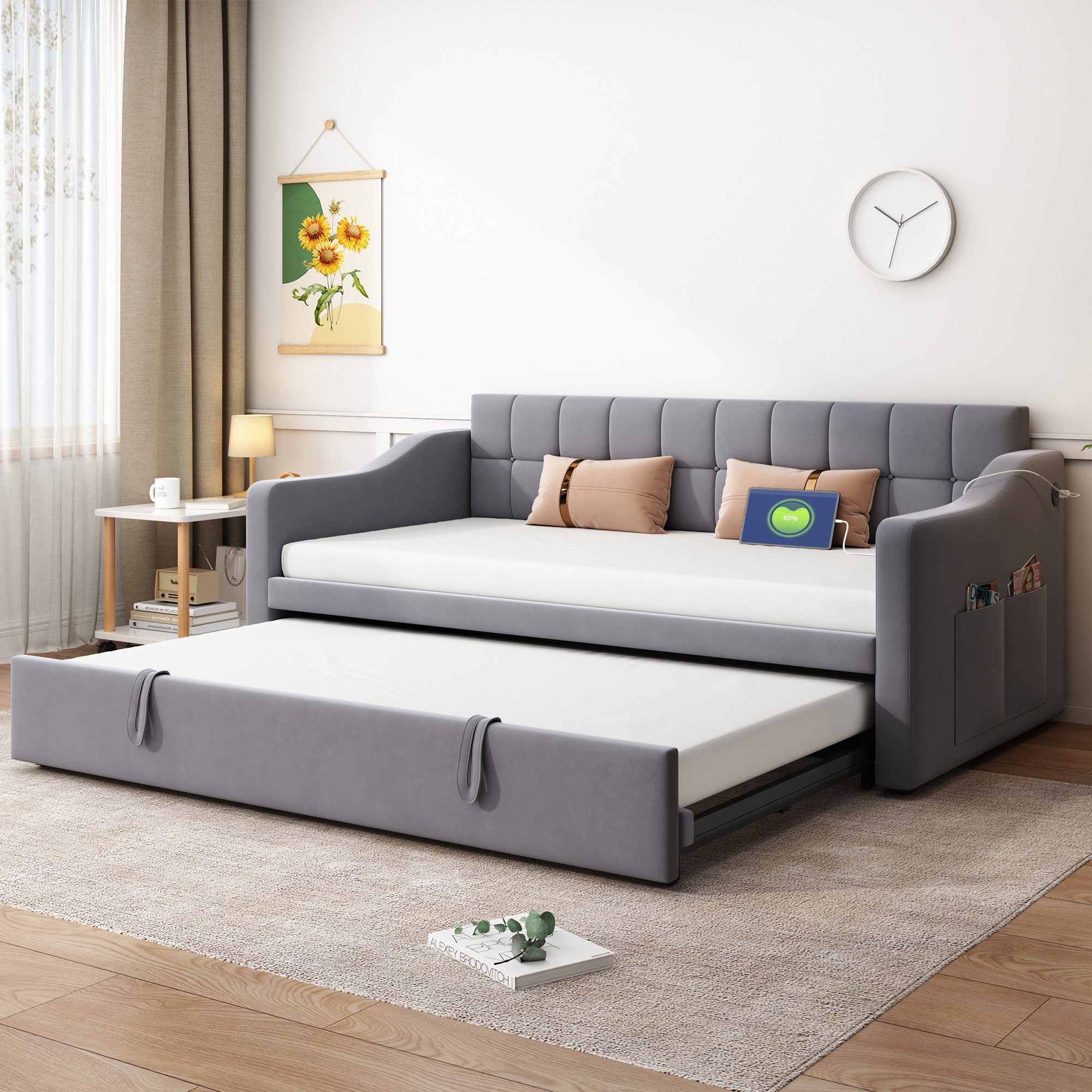 Odikalo Schlafsofa Zweisitzer-Schlafsofa, geeignet für Wohnungen und kleine Wohnungen, Polsterbett Schlafsofa 2 in 1 Multifunktionsschlafsofa 90x190 180x190, Grau / Hellgrau Samtstoff Polsterbett mit Aufbewahrungstasche, Weiches Kissen, vielseitiges Schlafsofa
