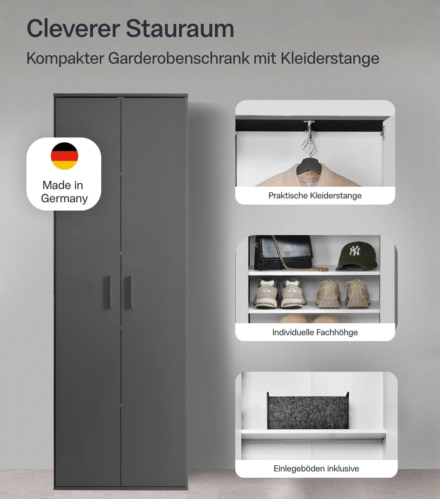 mokebo Mehrzweckschrank Der Lange (60x180 cm, mit einer Kleiderstange & Schuhfächern) Made in Germany, Garderobenschrank, Schuhschrank in Anthrazit – Bild 2 von 5