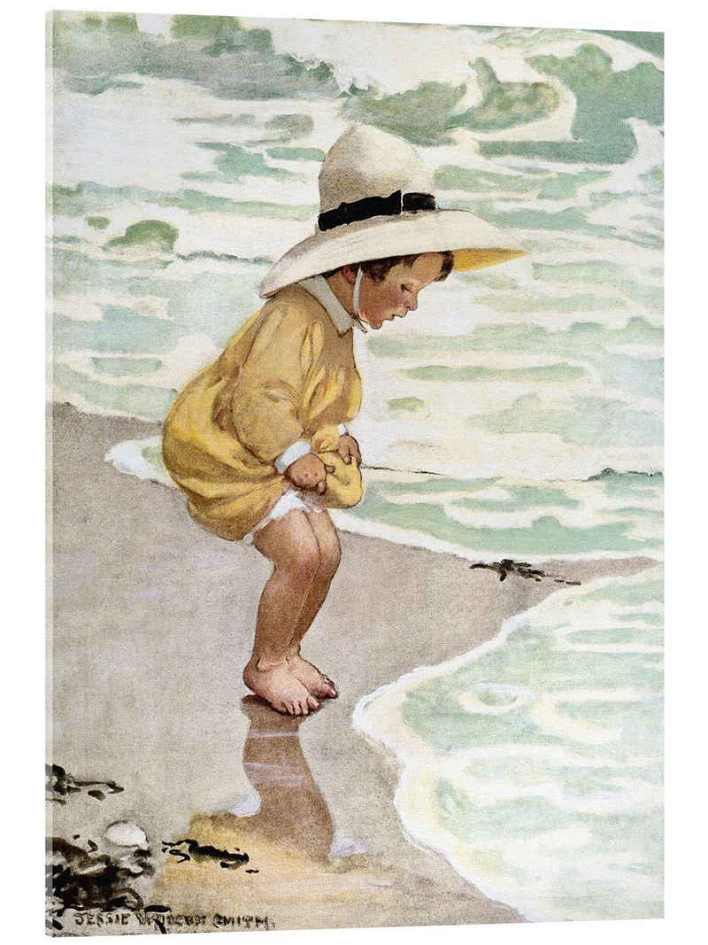 Posterlounge Acrylglasbild Jessie Willcox Smith, Ein kleines Mädchen spielt in den Wellen, Badezimmer Maritim Illustration