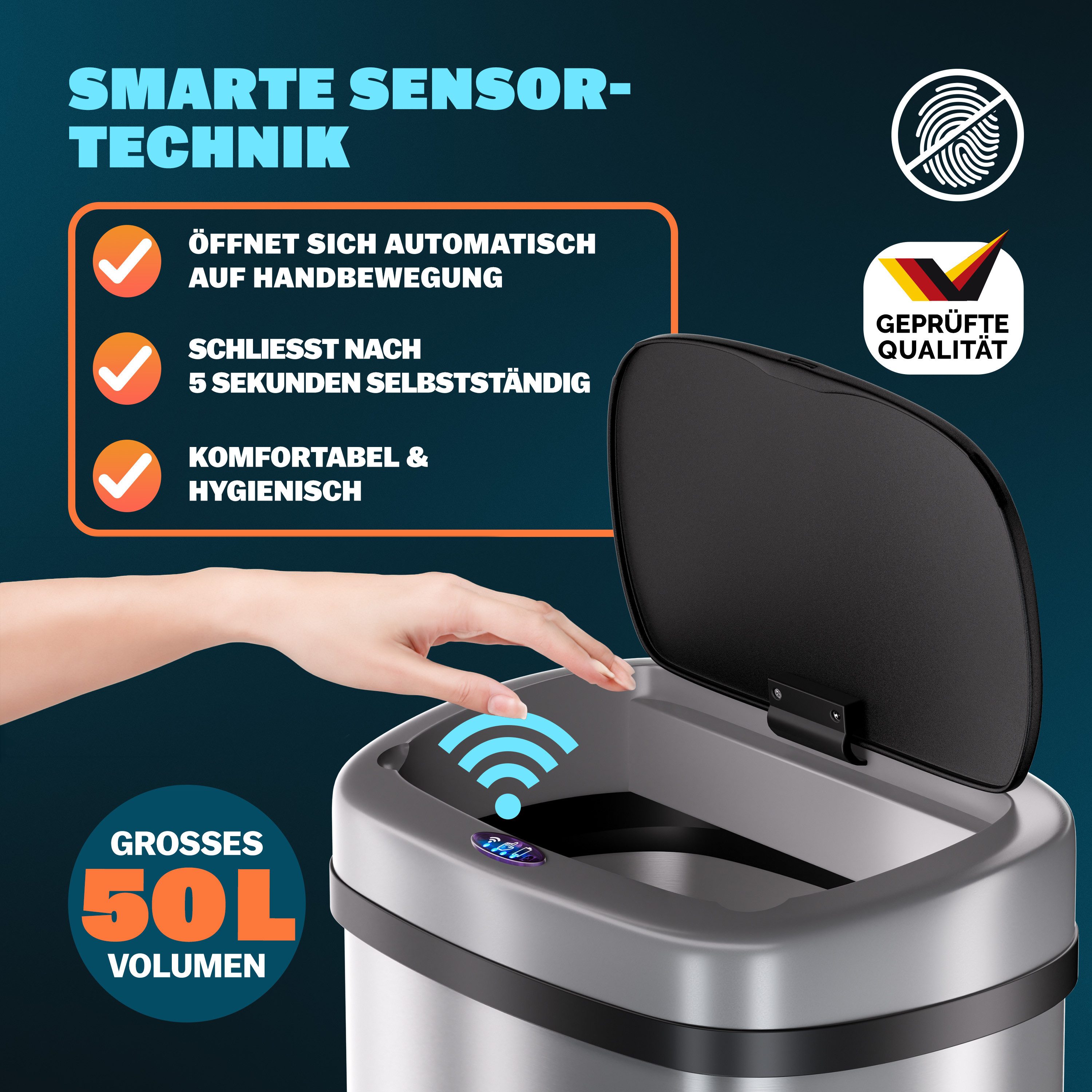 monzana Mülleimer, 50 L Automatik Sensor Mülleimer LED Display Müllbehälter berührungslos