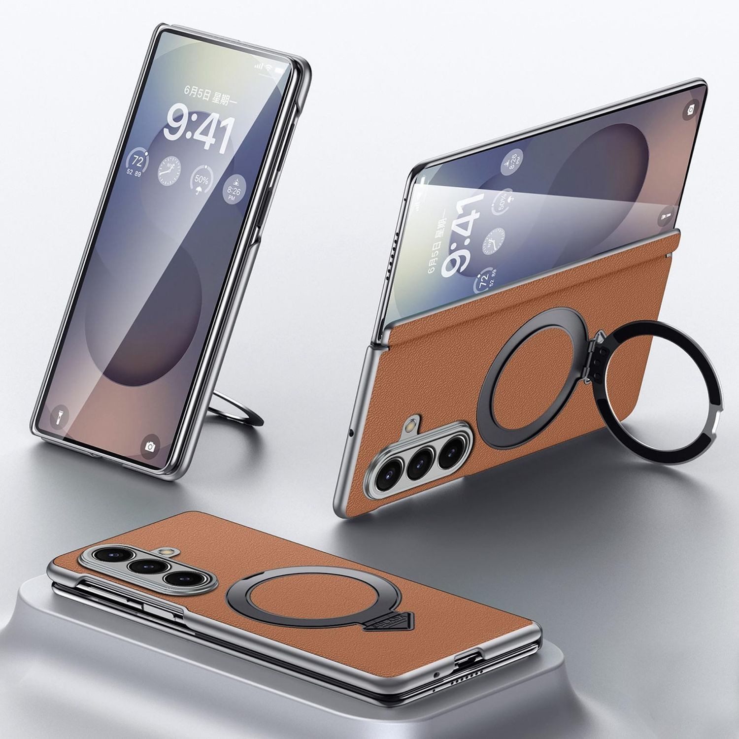 Wigento Handyhülle Für Samsung Galaxy Z Fold7 5G Leder MagSafe Ring Halter Hülle Braun, Hochwertiges Leder, MagSafe-kompatibel, Halter integriert