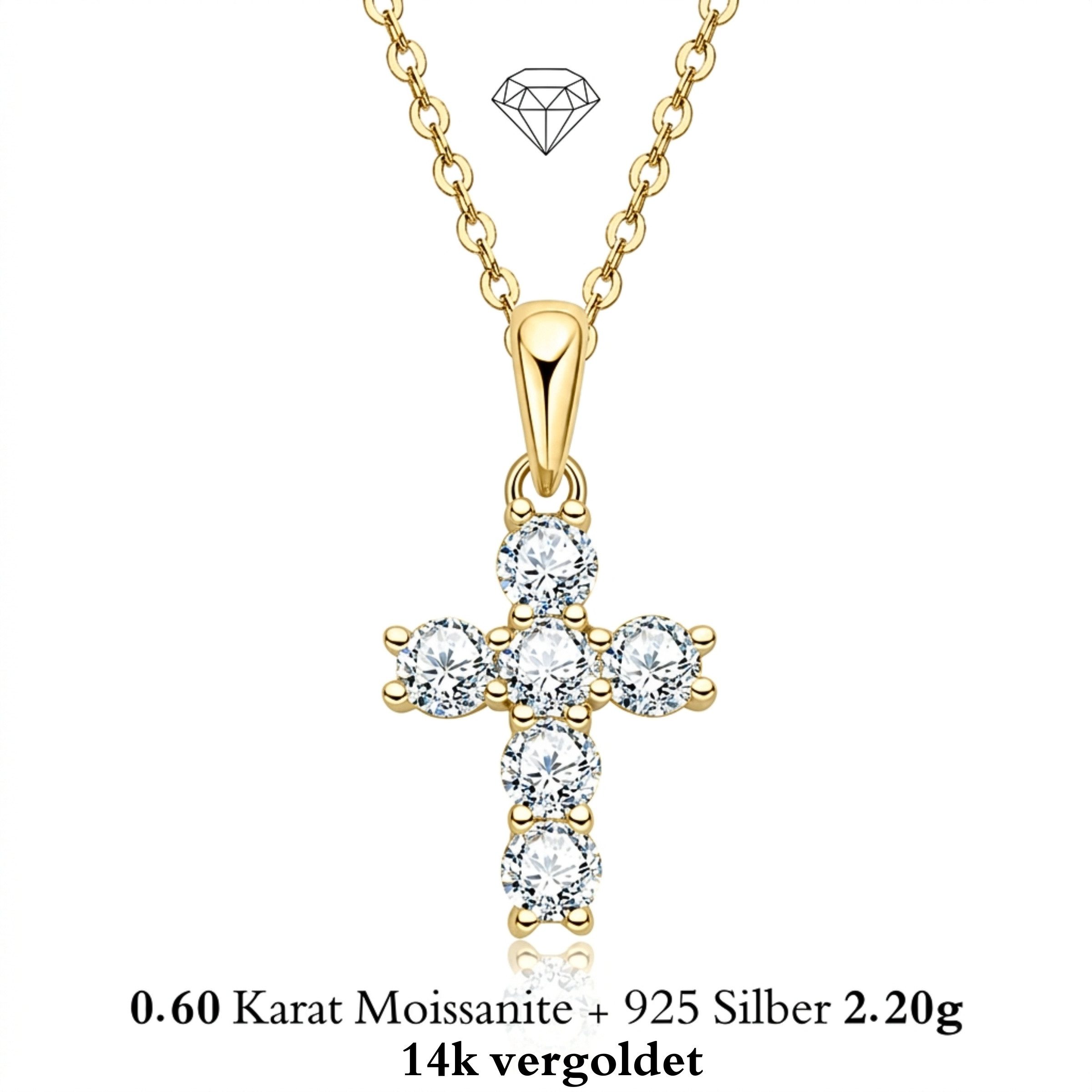 UNIQAL.de Silberkette 925 Silber mit Moissanit 0,60 Karat – Damen Halskette CROSS (Elegantes Kreuzdesign mit funkelnden Steinen, inkl. Luxuriöse Schmuck Geschenkbox), Moissanit VVS1 Reinheit, GRA-Zertifikat, Halskette Geschenk für Damen