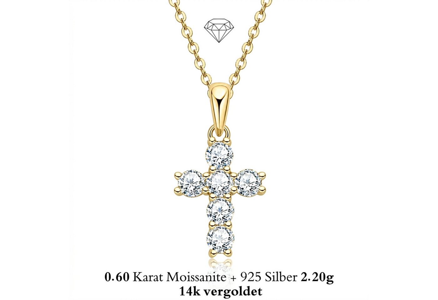 UNIQAL.de Silberkette 925 Silber mit Moissanit 0,60 Karat – Damen Halskette CROSS (Elegantes Kreuzdesign mit funkelnden Steinen, inkl. Luxuriöse Schmuck Geschenkbox), Moissanit VVS1 Reinheit, GRA-Zertifikat, Halskette Geschenk für Damen