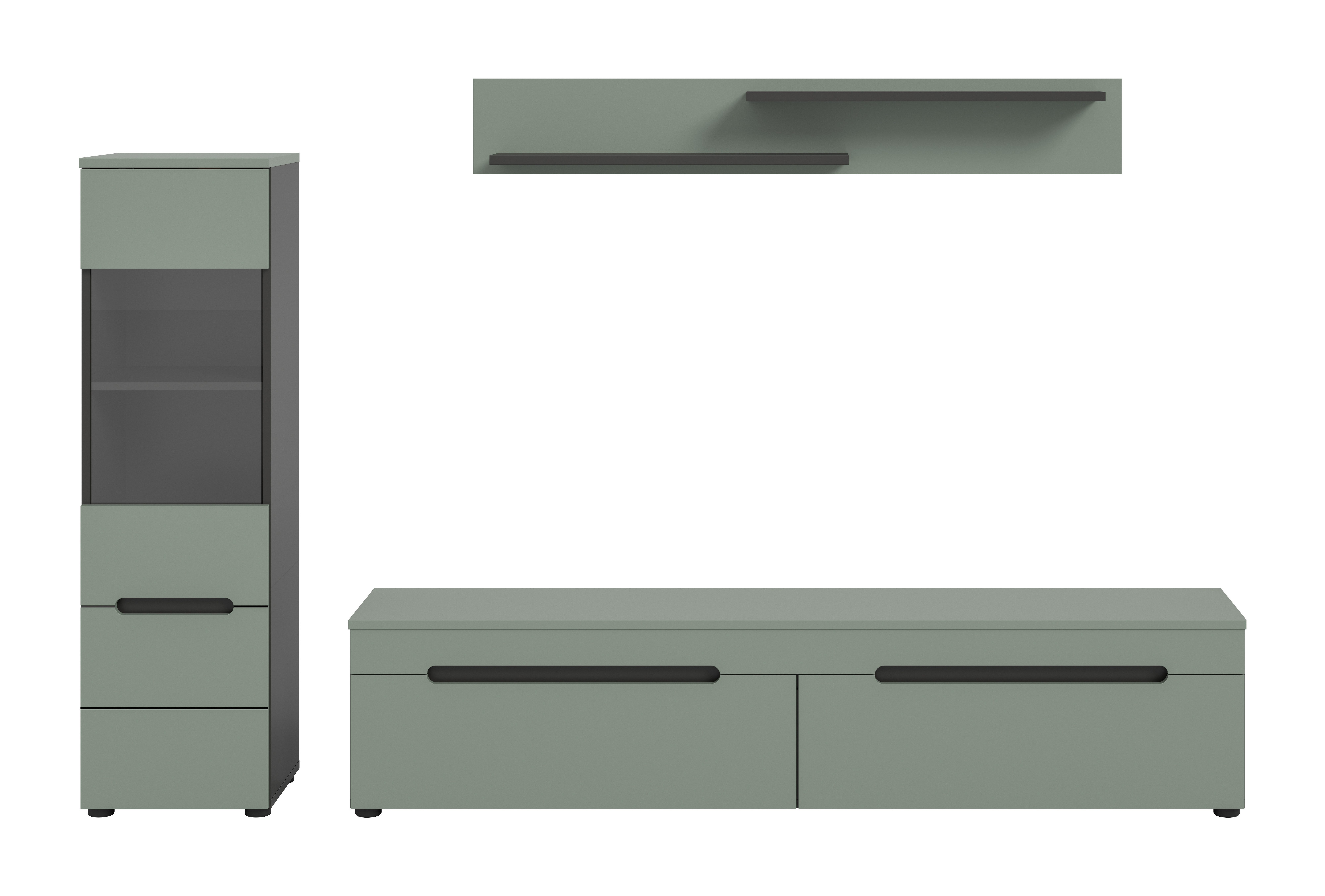 furnling Wohnzimmer-Set Cano, (3-St., Lowboard, Vitrine, Wandboard), Wohnzimmermöbel, Komplett-Set, Breite 221 cm, Basalt grau/Smoke Green