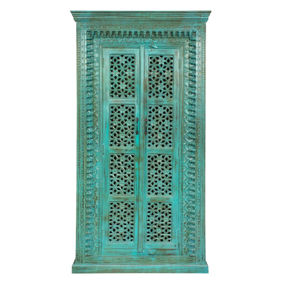 Oriental Galerie Mehrzweckschrank Antik Design Schrank Amba Indien 190 cm Schrank Türkis Holz, Schlafzimmerschrank, Wohnzimmer