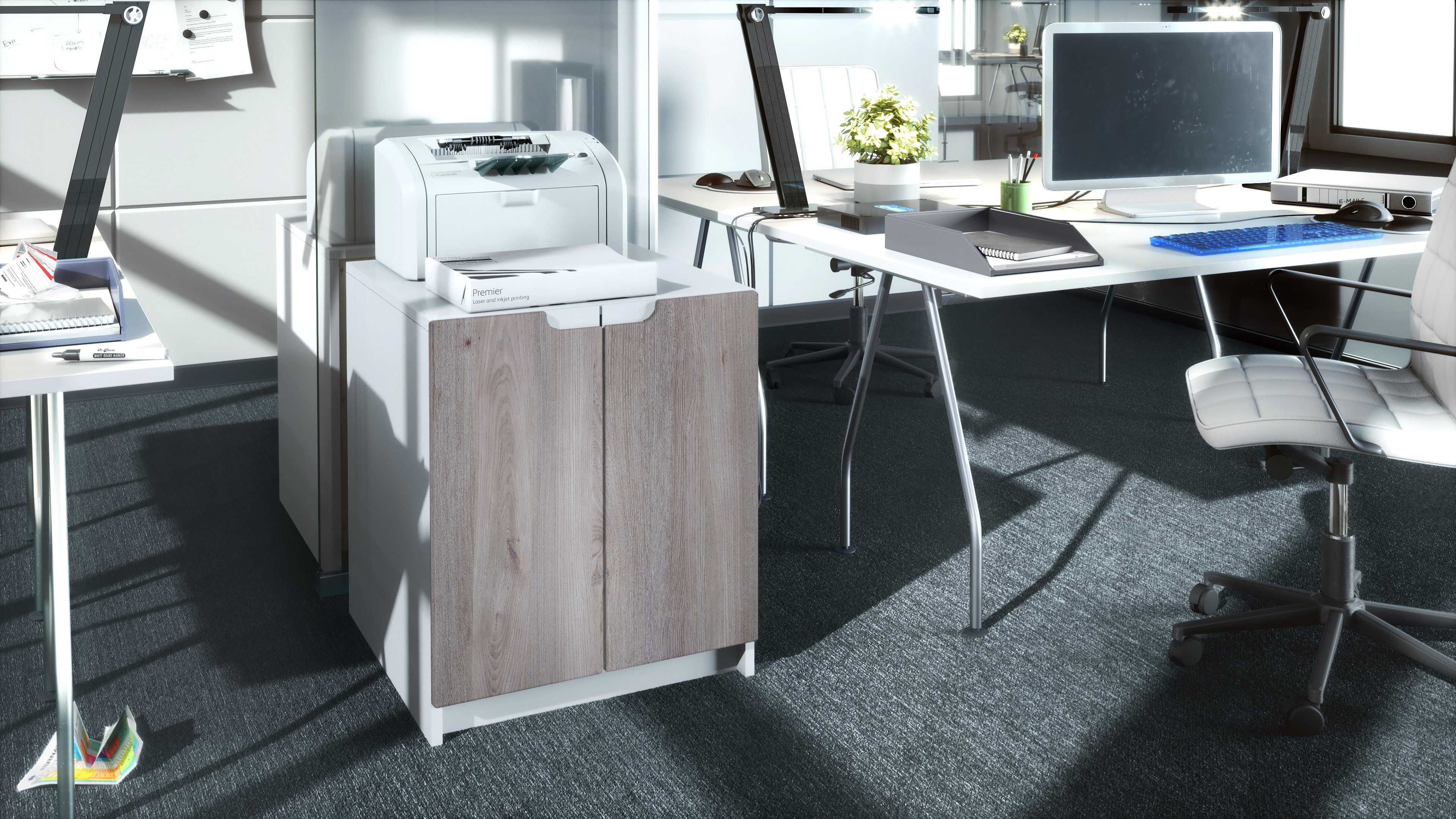 Vladon Kommode Logan (Aktenschrank, mit 2 Fächern und 2 Türen), Druckerschrank Weiß matt/Eiche Nordic (51 x 60,5 x 54 cm)