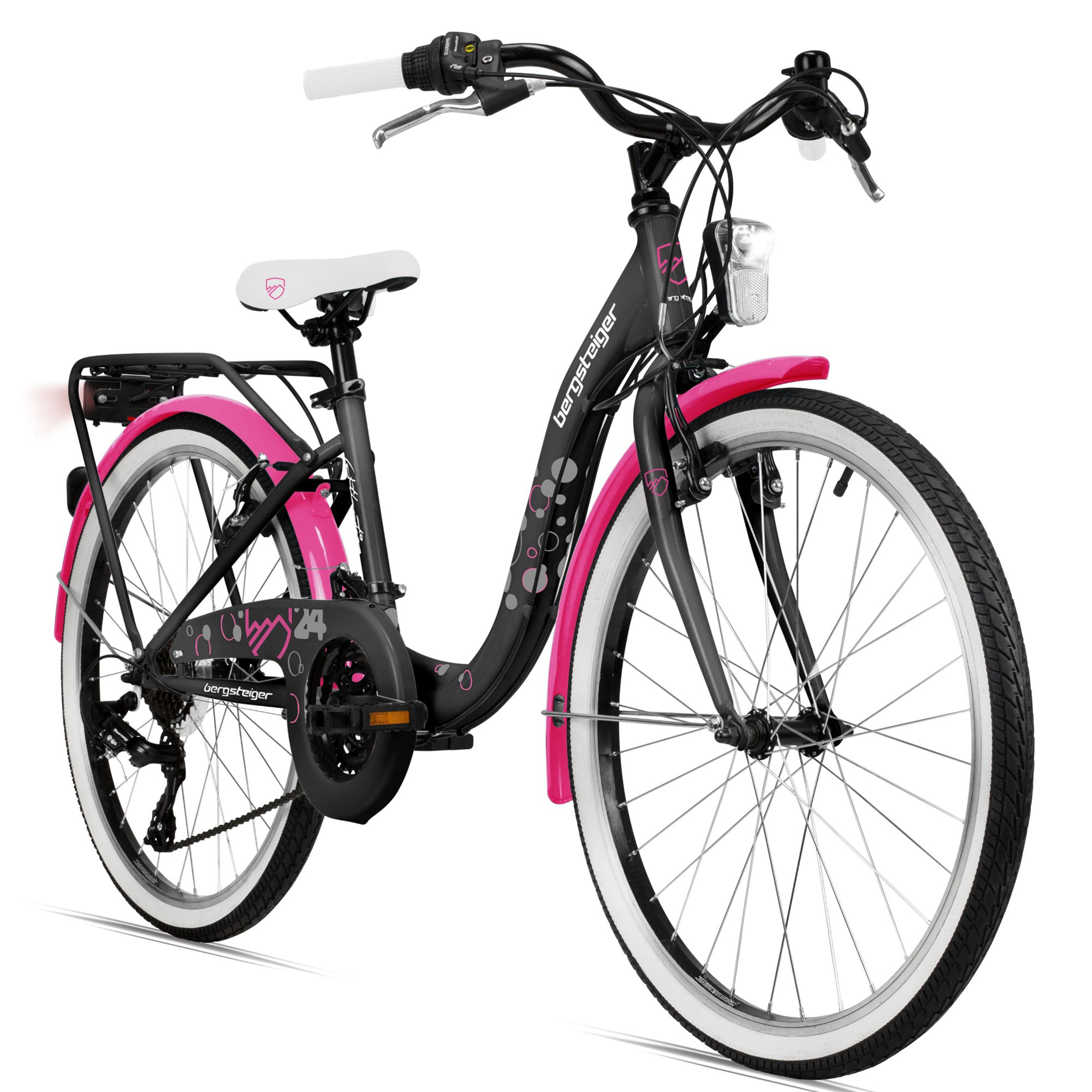 bergsteiger Kinderfahrrad Atlantis 20, 24 Zoll Mädchenfahrrad, 6 - 11 Jahre, StVZO, 18 Gang Shimano Tourney RD-TY300 Schaltwerk, Kettenschaltung, V-Bremse