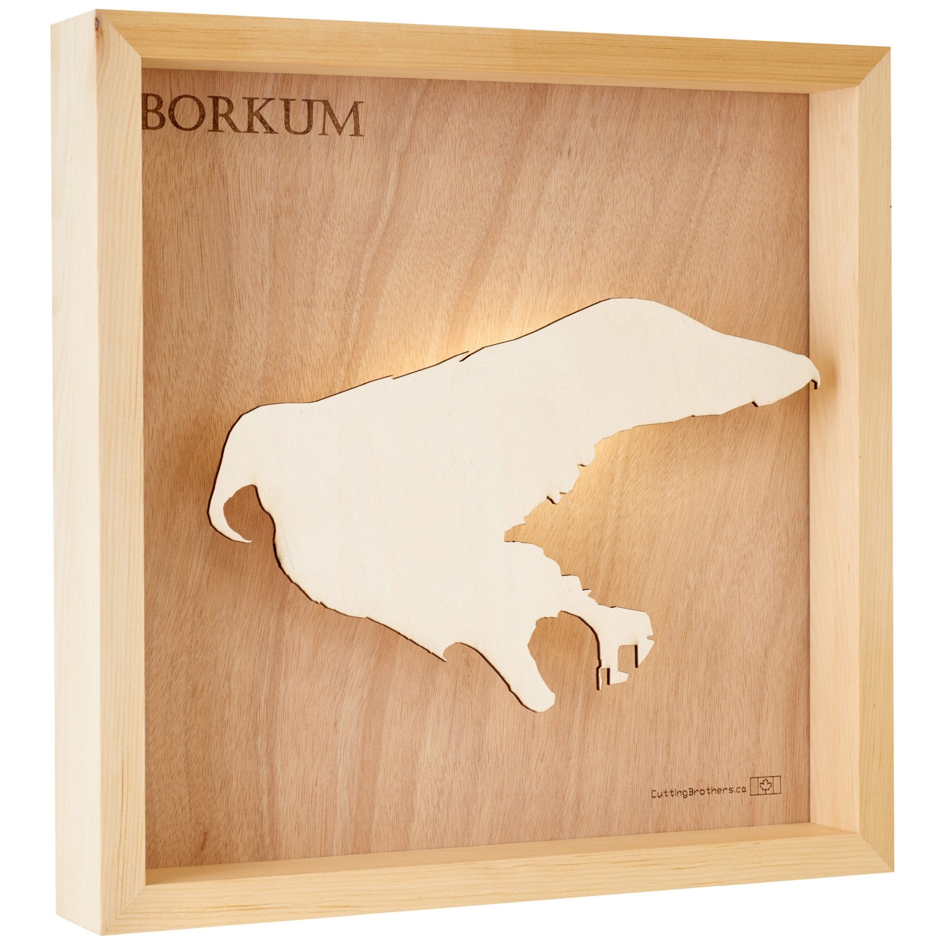 Cutting Brothers LED-Bild Borkum 35x35 cm, LED-Holz-Wandkarte, mit indirekter Beleuchtung, handgefertigt aus Echtholz
