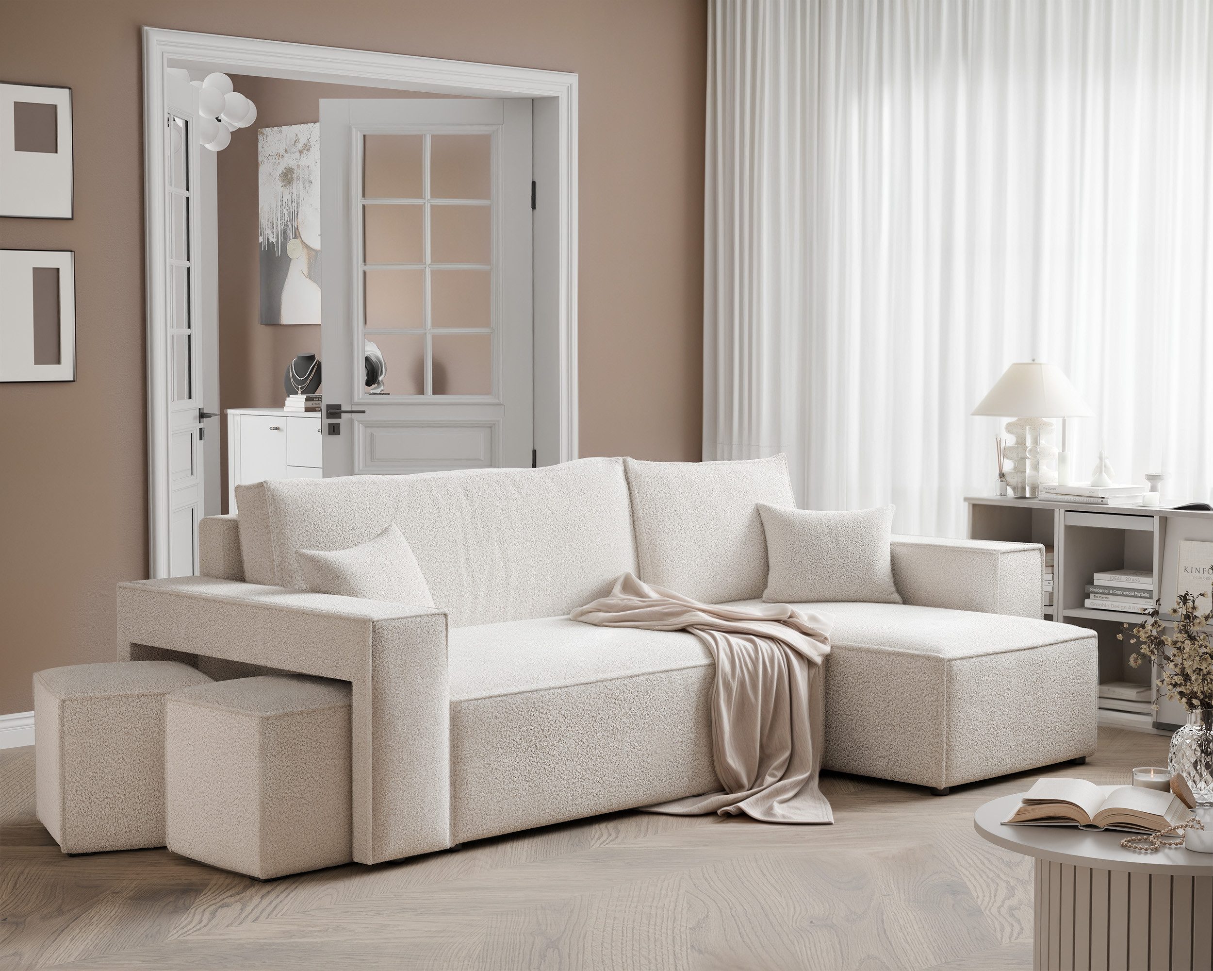 yourhouse24 Ecksofa PARIS in L-Form inkl. 2 Hocker – Schlaffunktion & Bettkasten, mit Schlaffunktion und Bettkasten, Seite universal