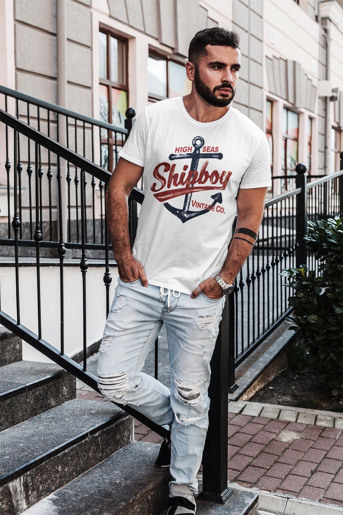 Neverless® Shipboy mit Slim T-Shirt Anker Print Herren Print-Shirt Neverless Fit Vintage