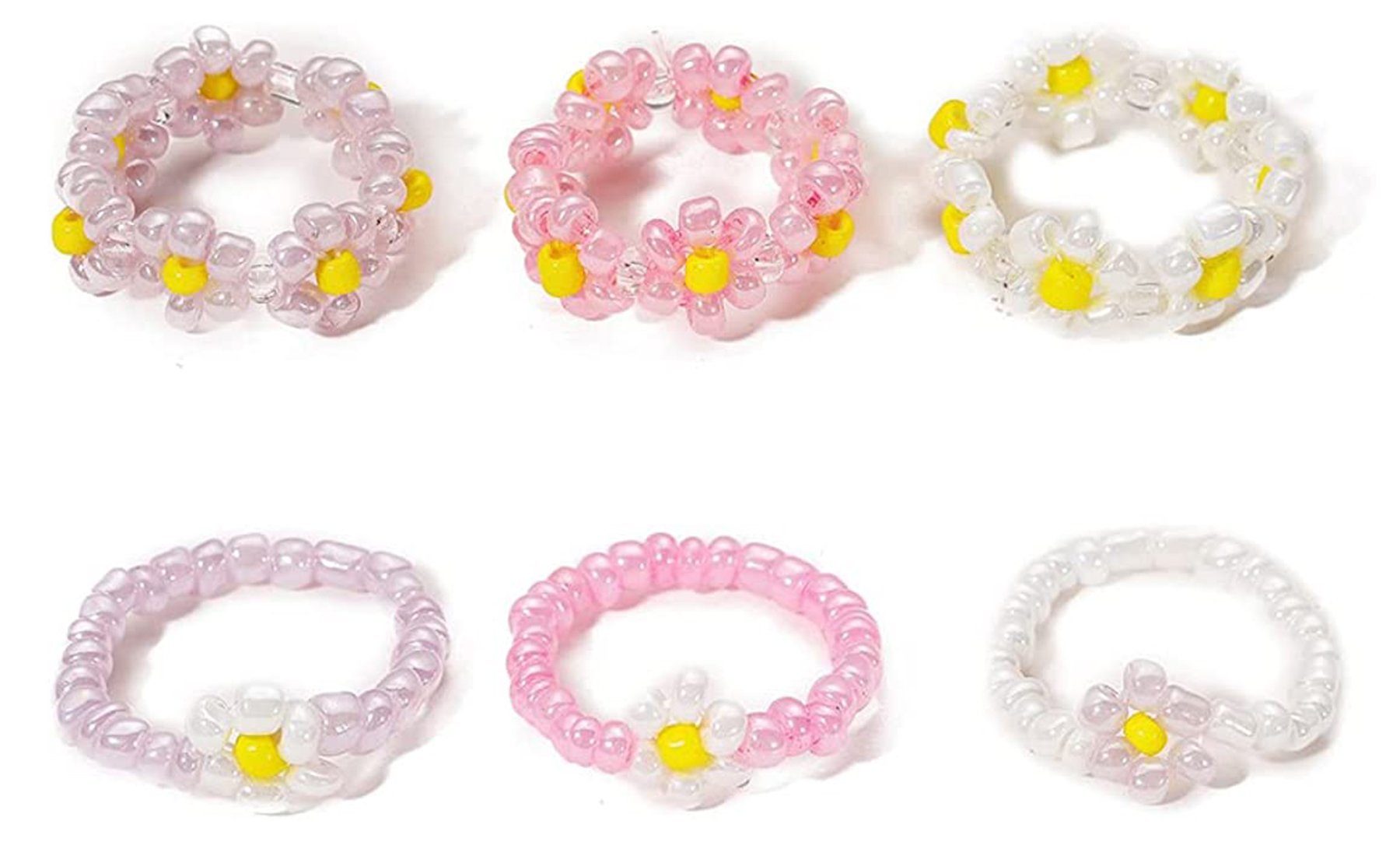 Haiaveng Fingerring Ring-Set 6-teilige bunte Reisperlen-Ringe, Blumenring, Rosa Reisperlen-Blumen-handgefertigter Ring