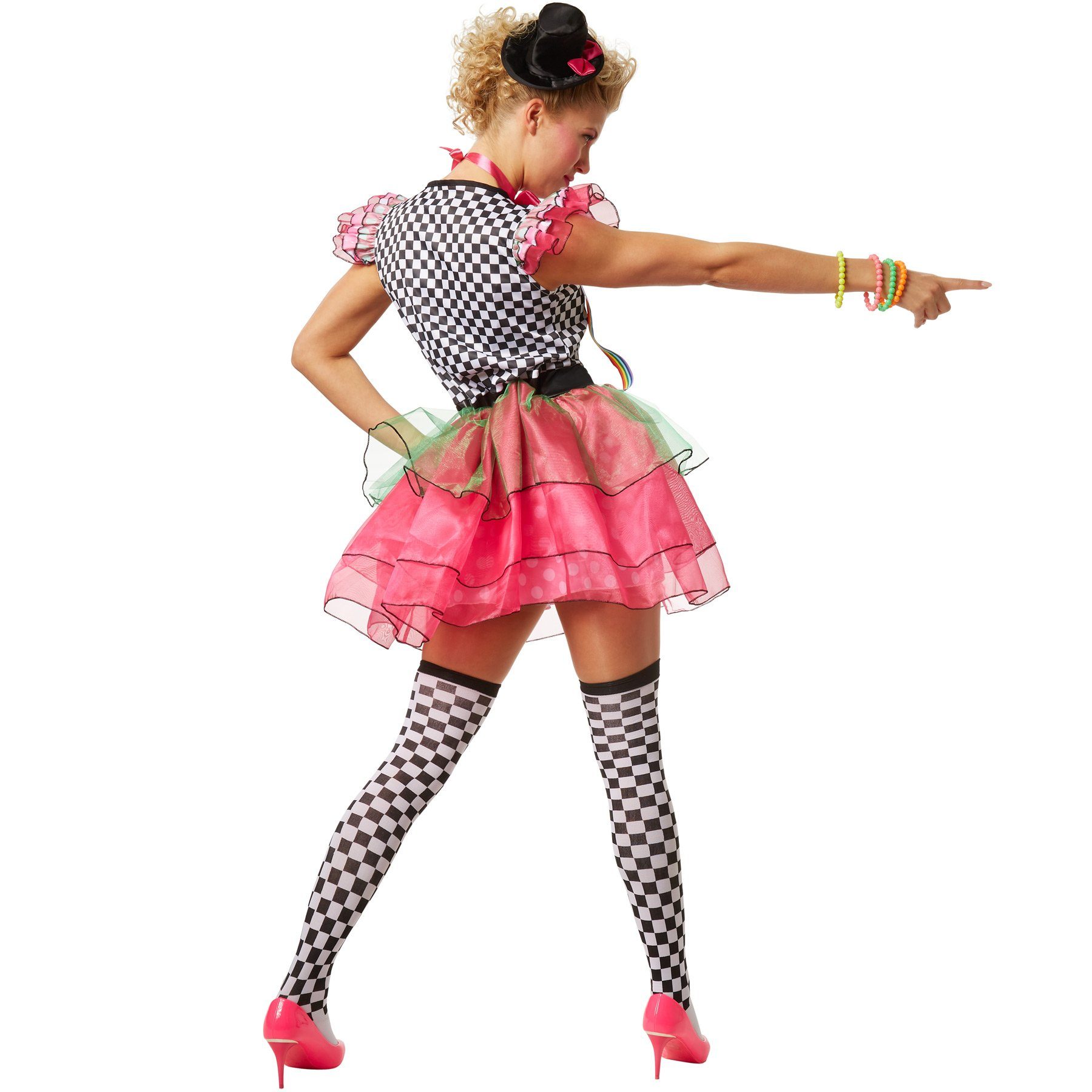 dressforfun Clown-Kostüm Frauenkostüm Neon Clown, Schrill-buntes Einteiler Kleid aus Elastik-Jersey