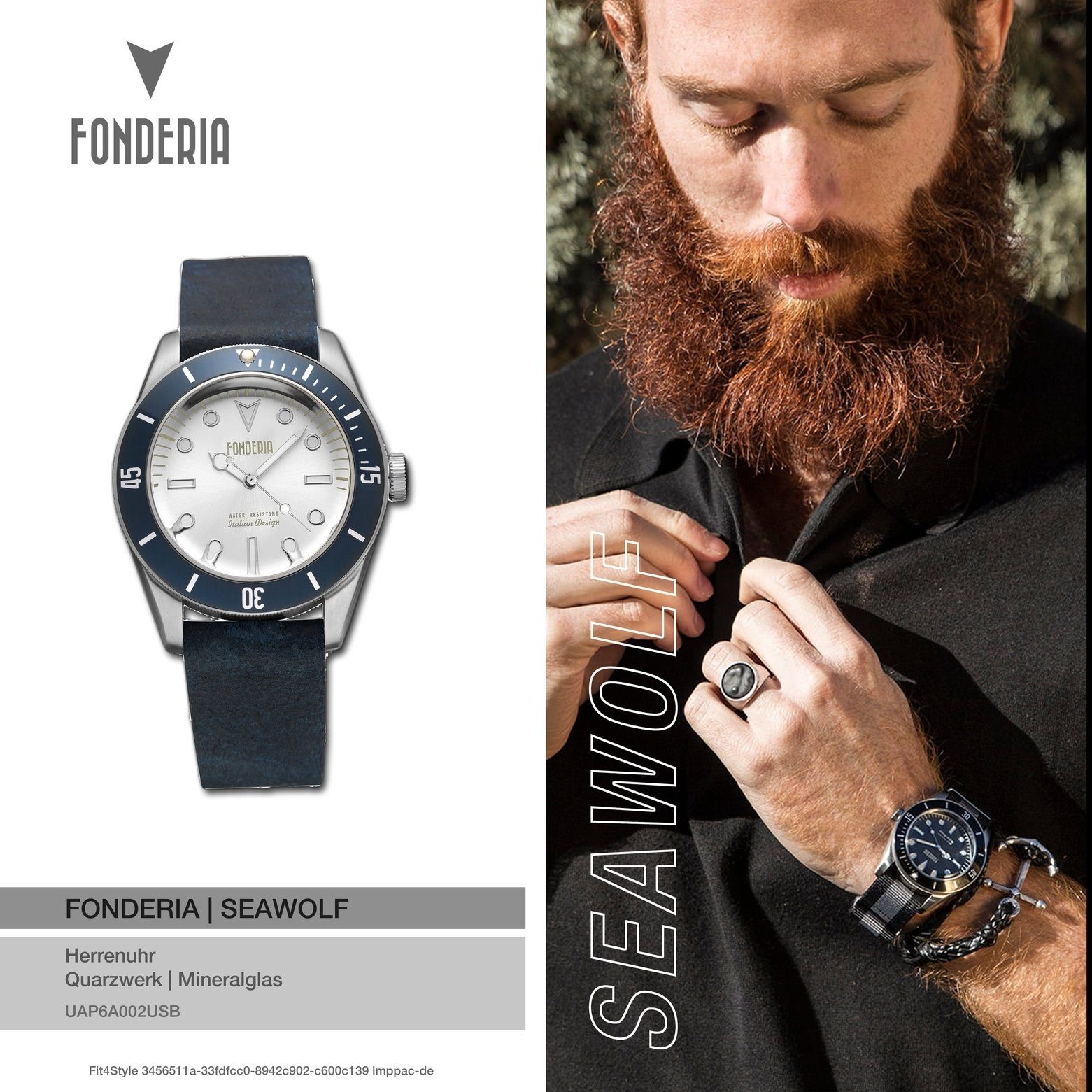 Fonderia Quarzuhr Fonderia Herren P-6A002USB Armbanduhr groß Lederarmband rund, schwarz (ca. Uhr Herren Leder, 43,5mm)